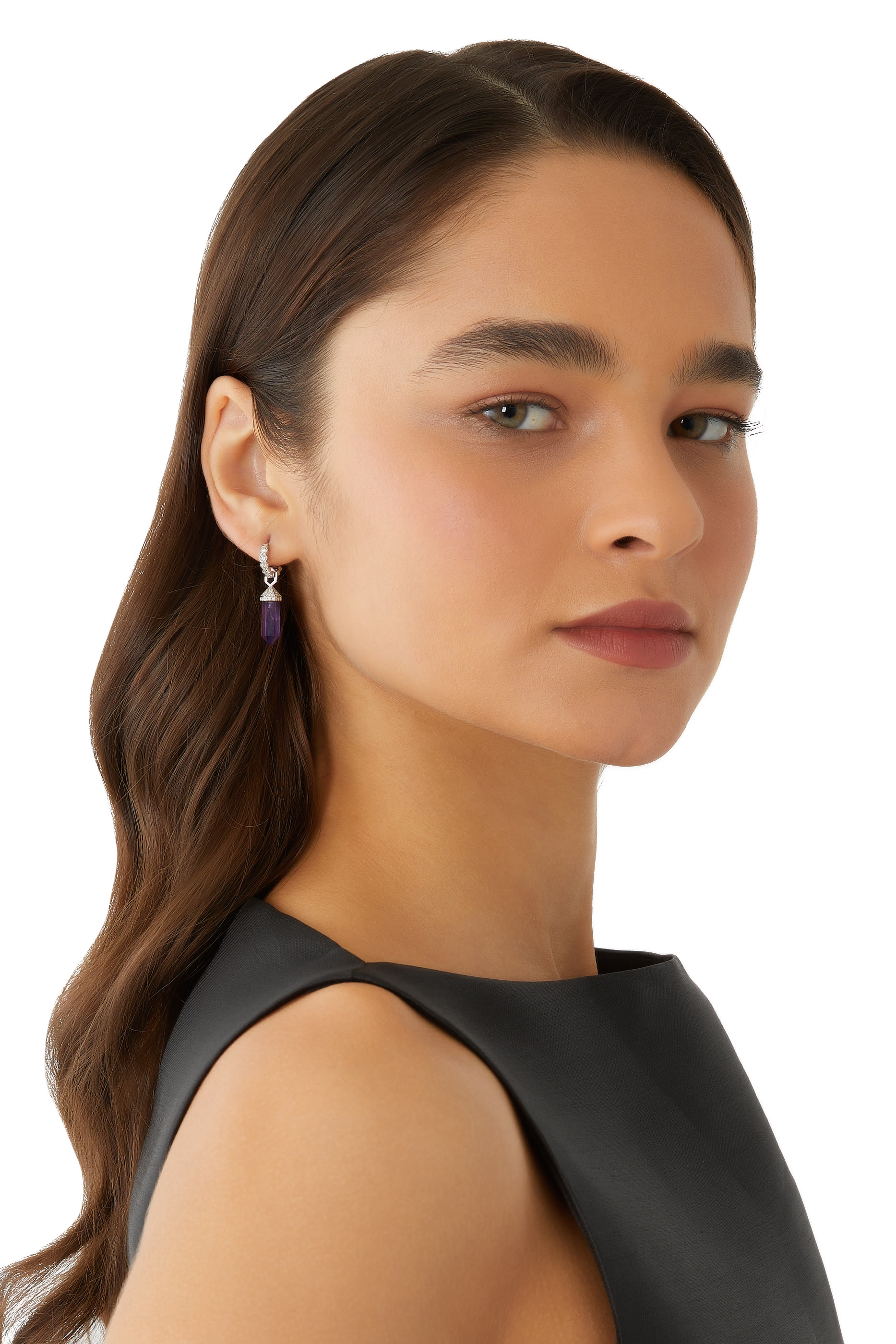 Chakra Small Vertical Single Earring, 18k White Gold with Diamonds & Amethyst