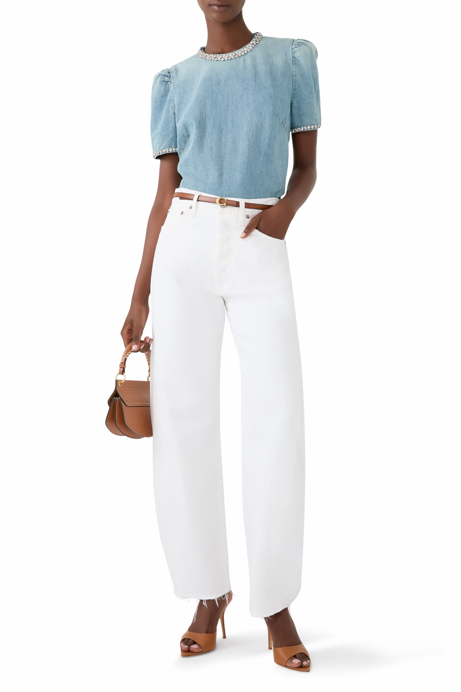 Crush Crystal-Embellished Gathered Denim Top