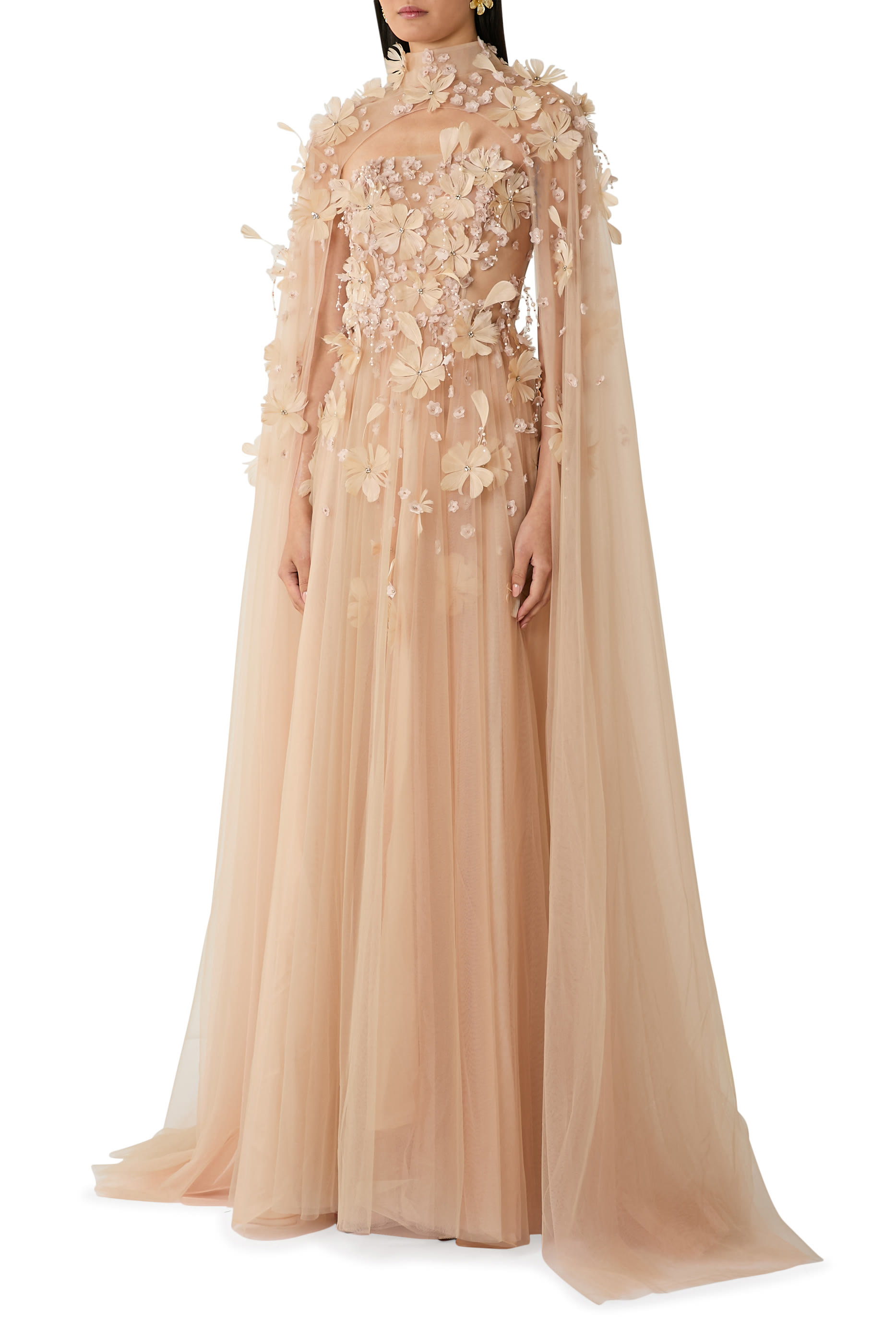 Strapless Floral Gown with Cape 