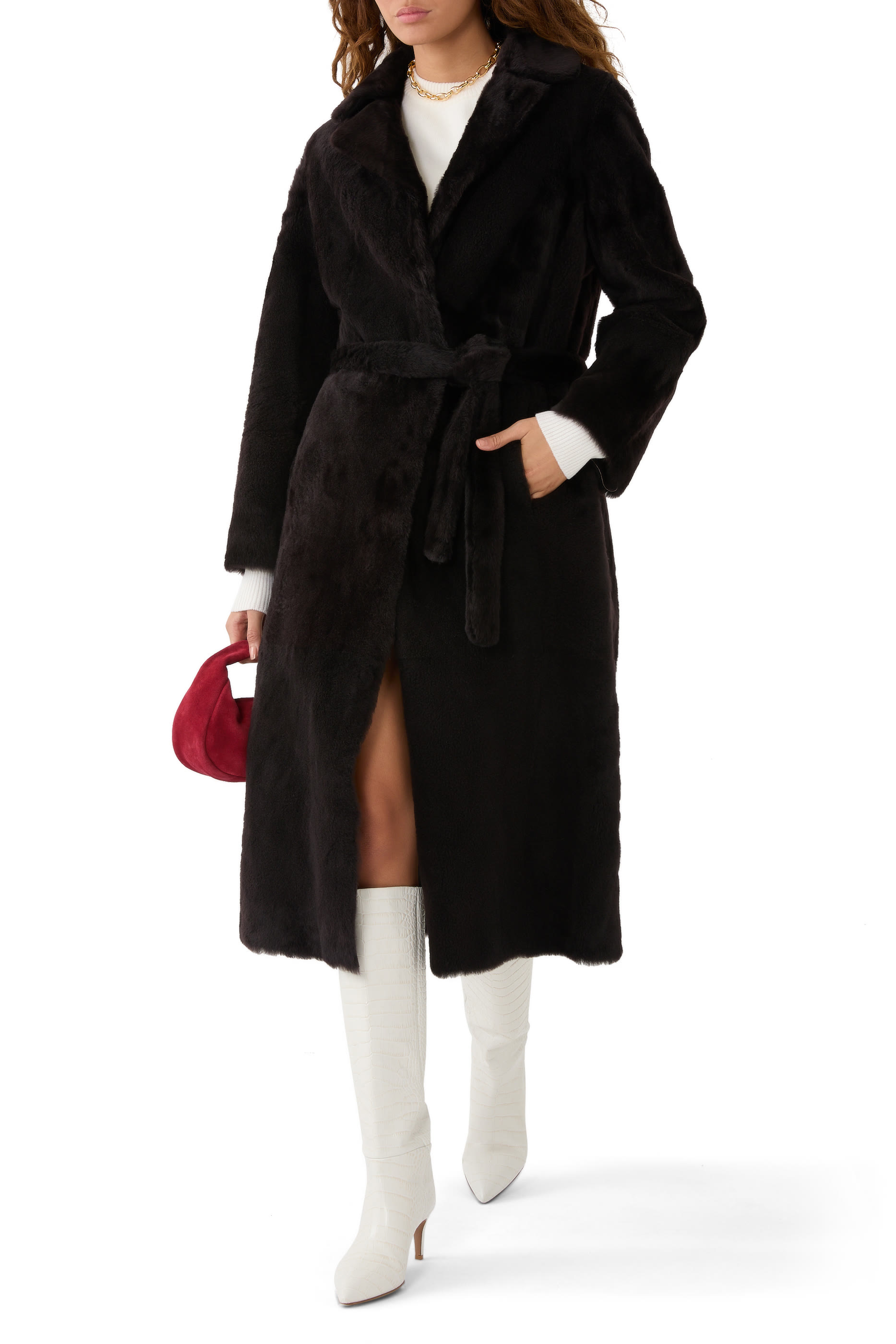 Long Reversible Belted Shearling Coat