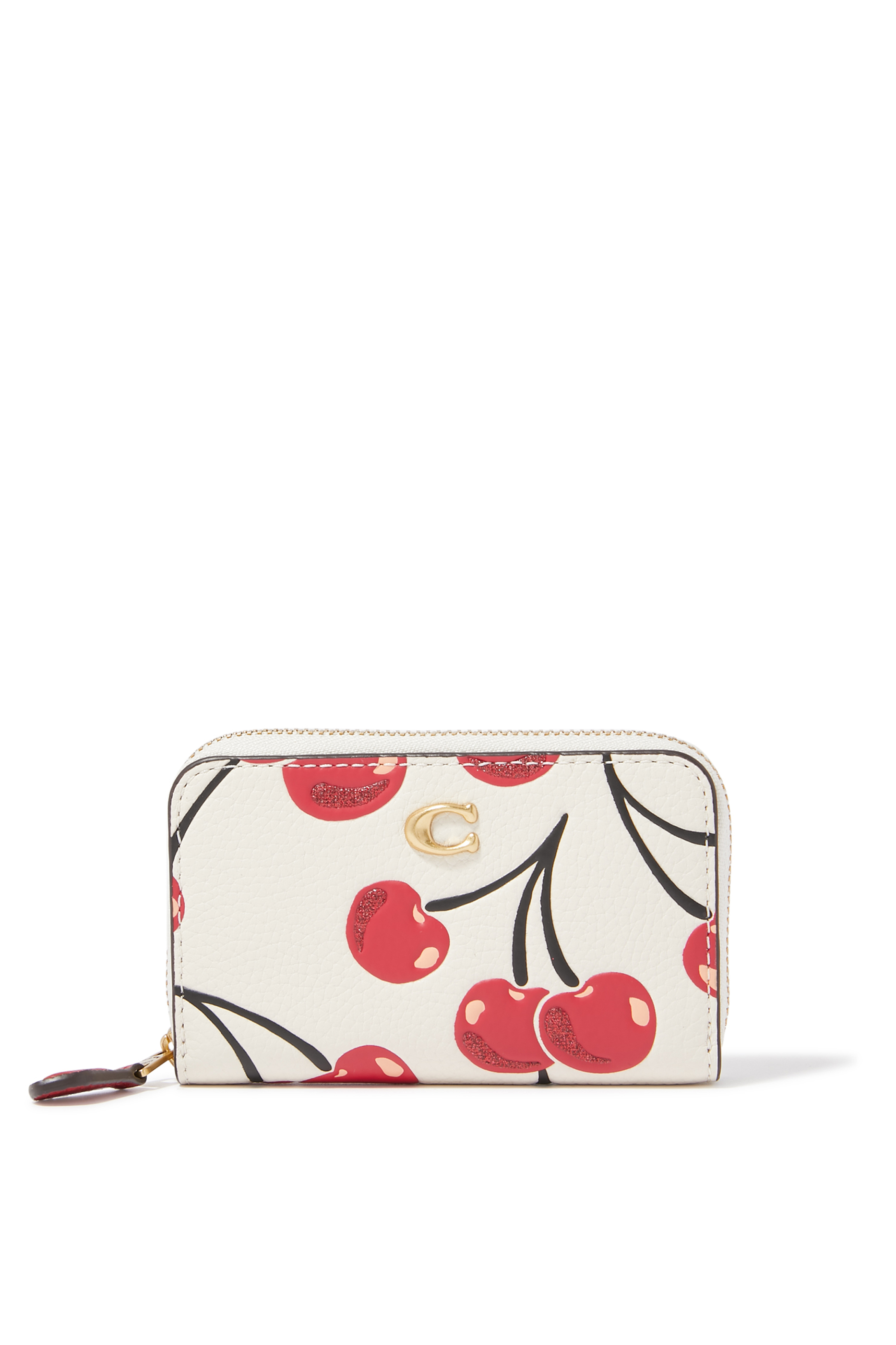 Cherry Printed Small Zip-Around Leather Card Case