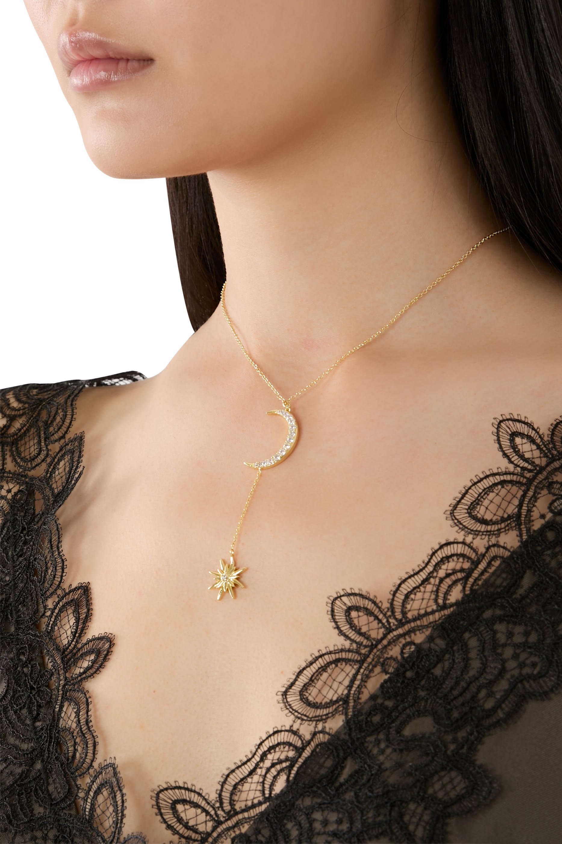 Celestial Moon and Star Necklace, Yellow Gold Plated Brass & Cubic Zirconia