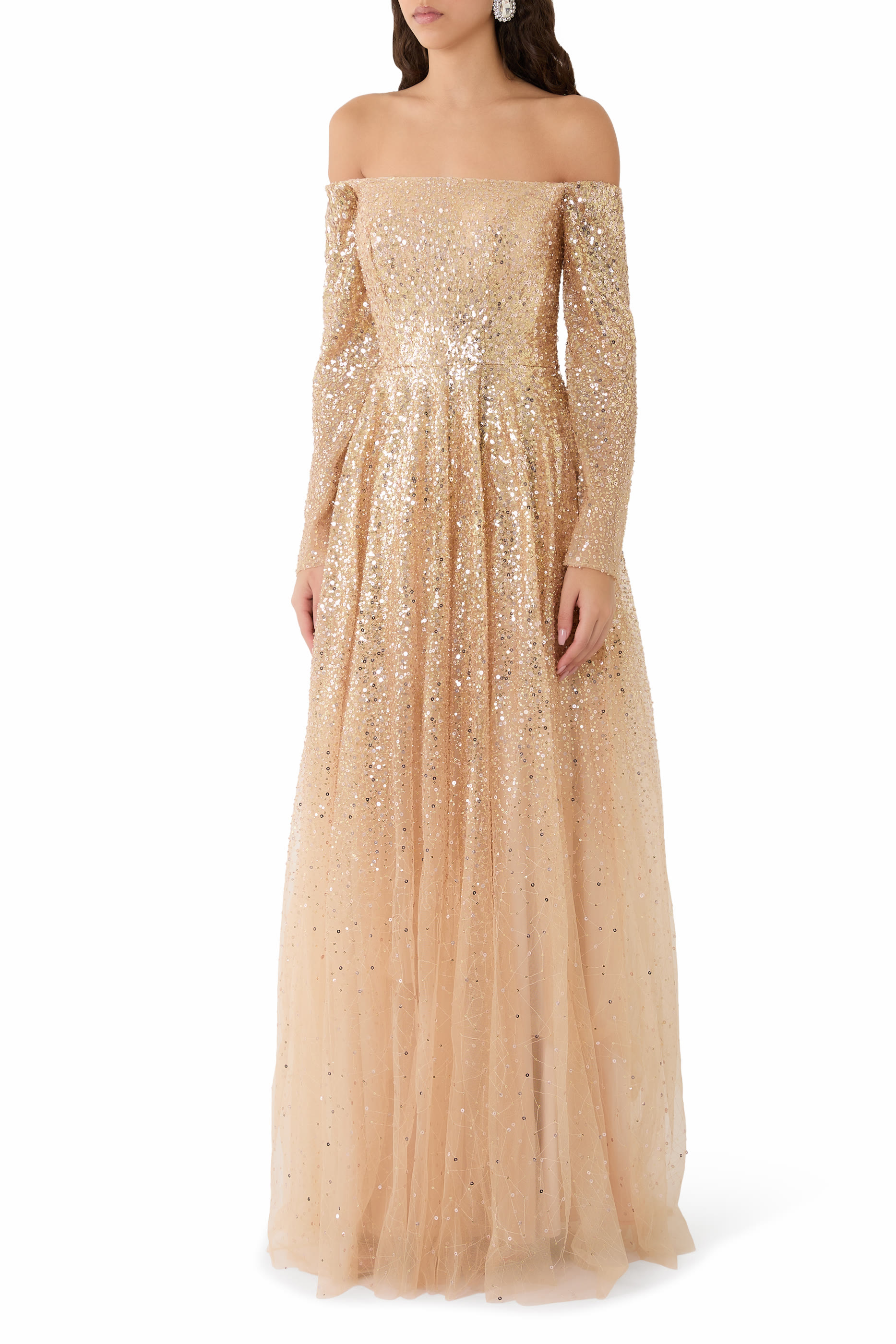  Off-Shoulder Sequin Gown
