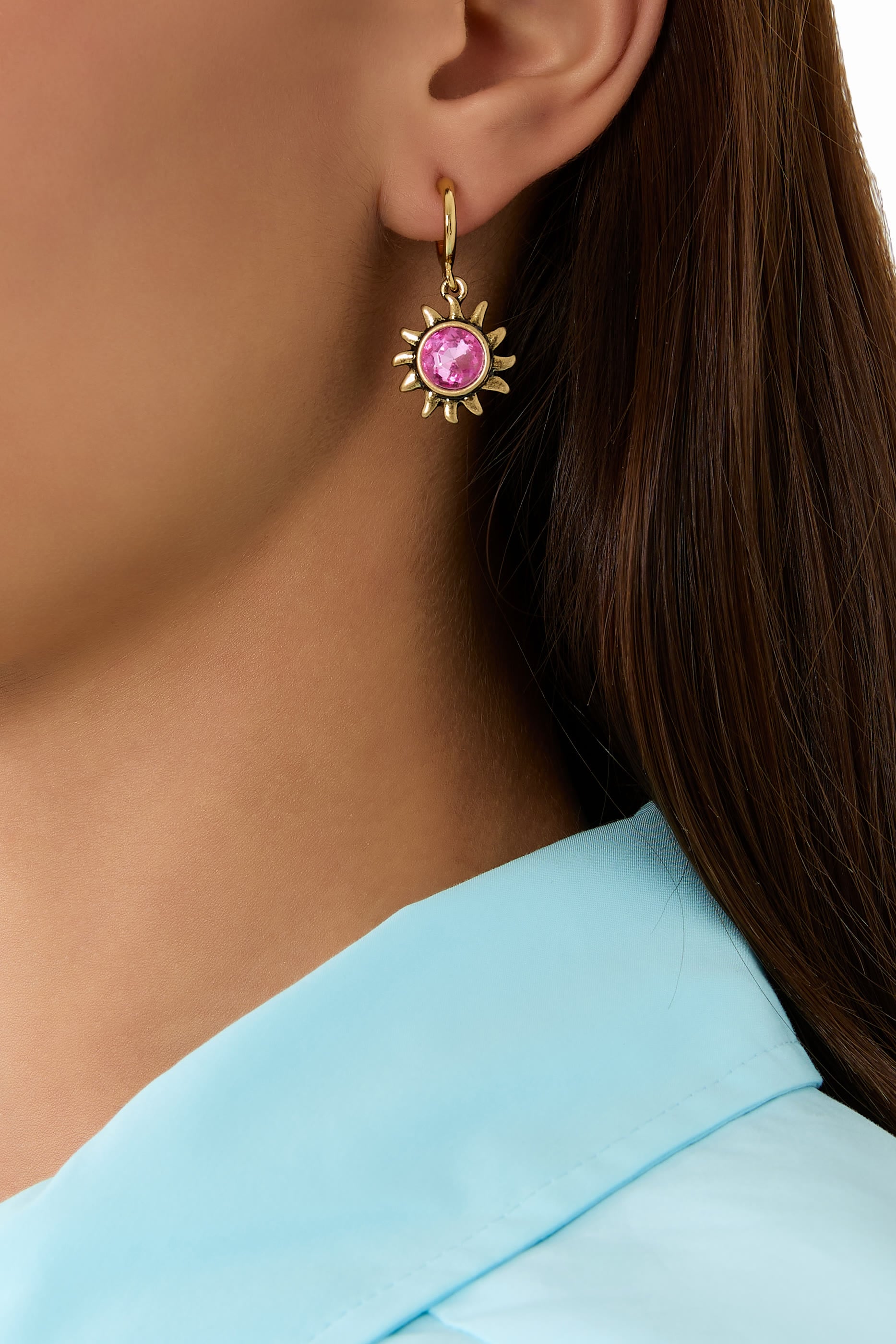 Sun Charm Huggies, Brass & Zirconia