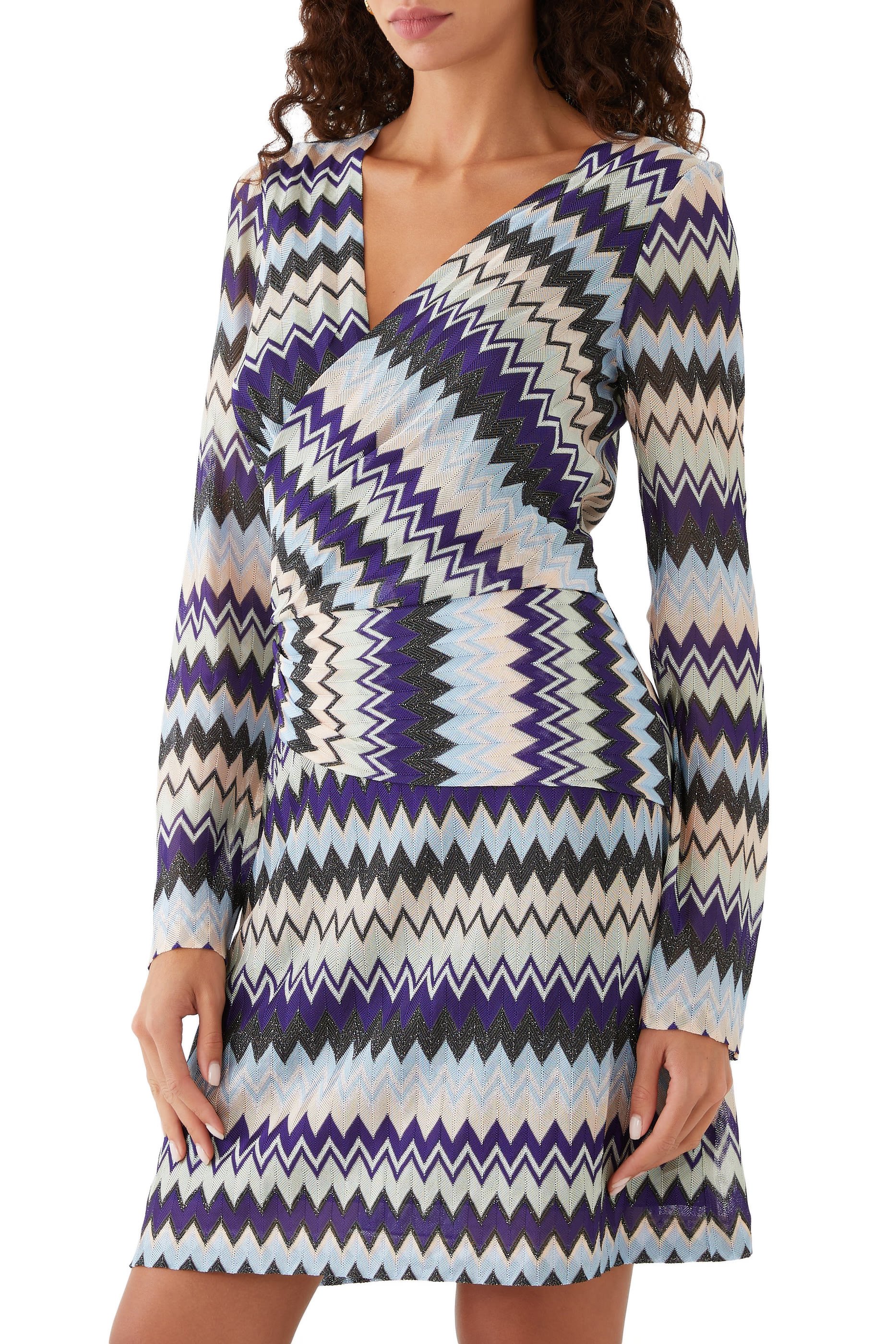 Zigzag Raschel Wrap Long Sleeve Midi Dress
