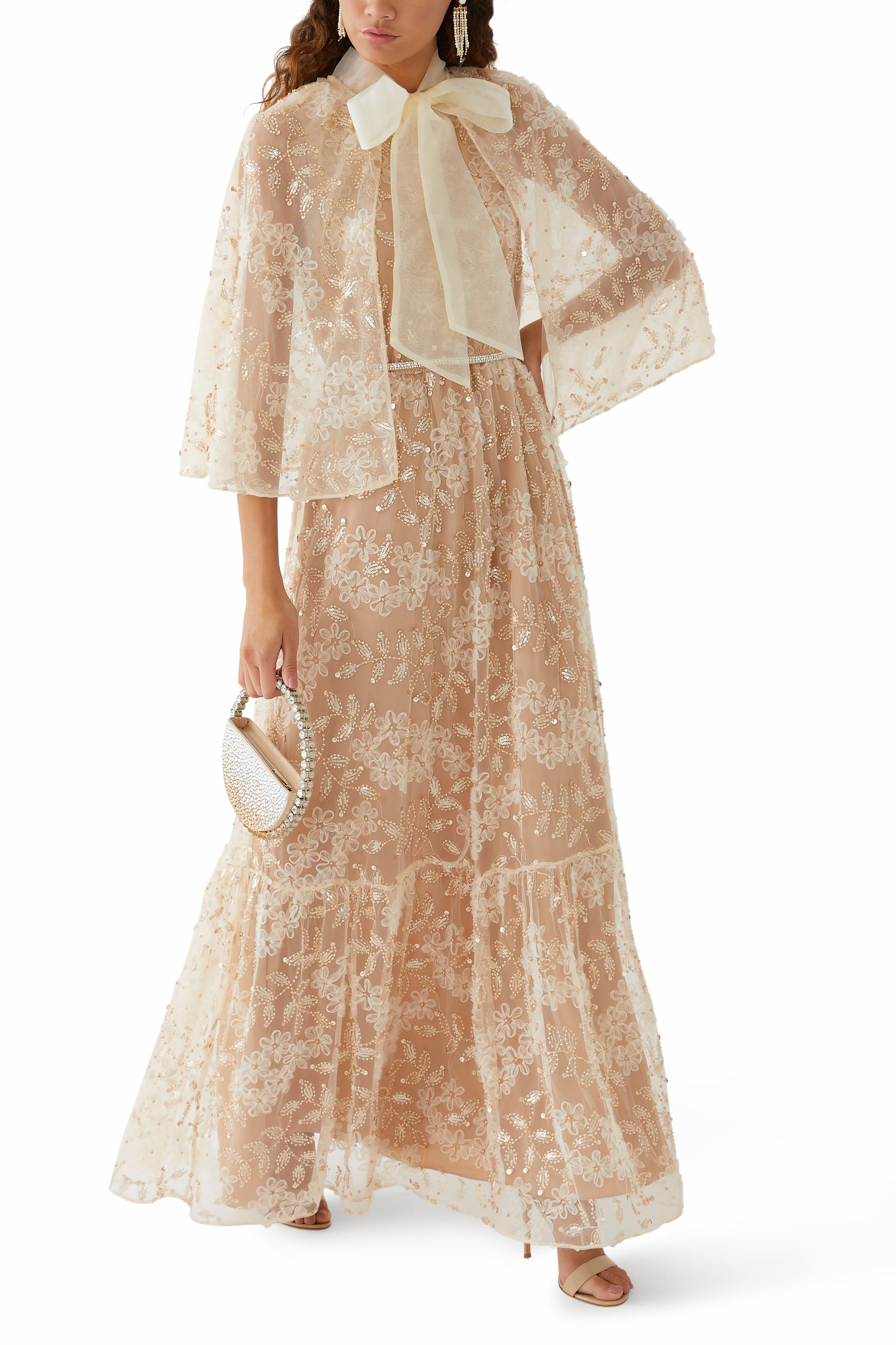 Embellished Cape Maxi Dress