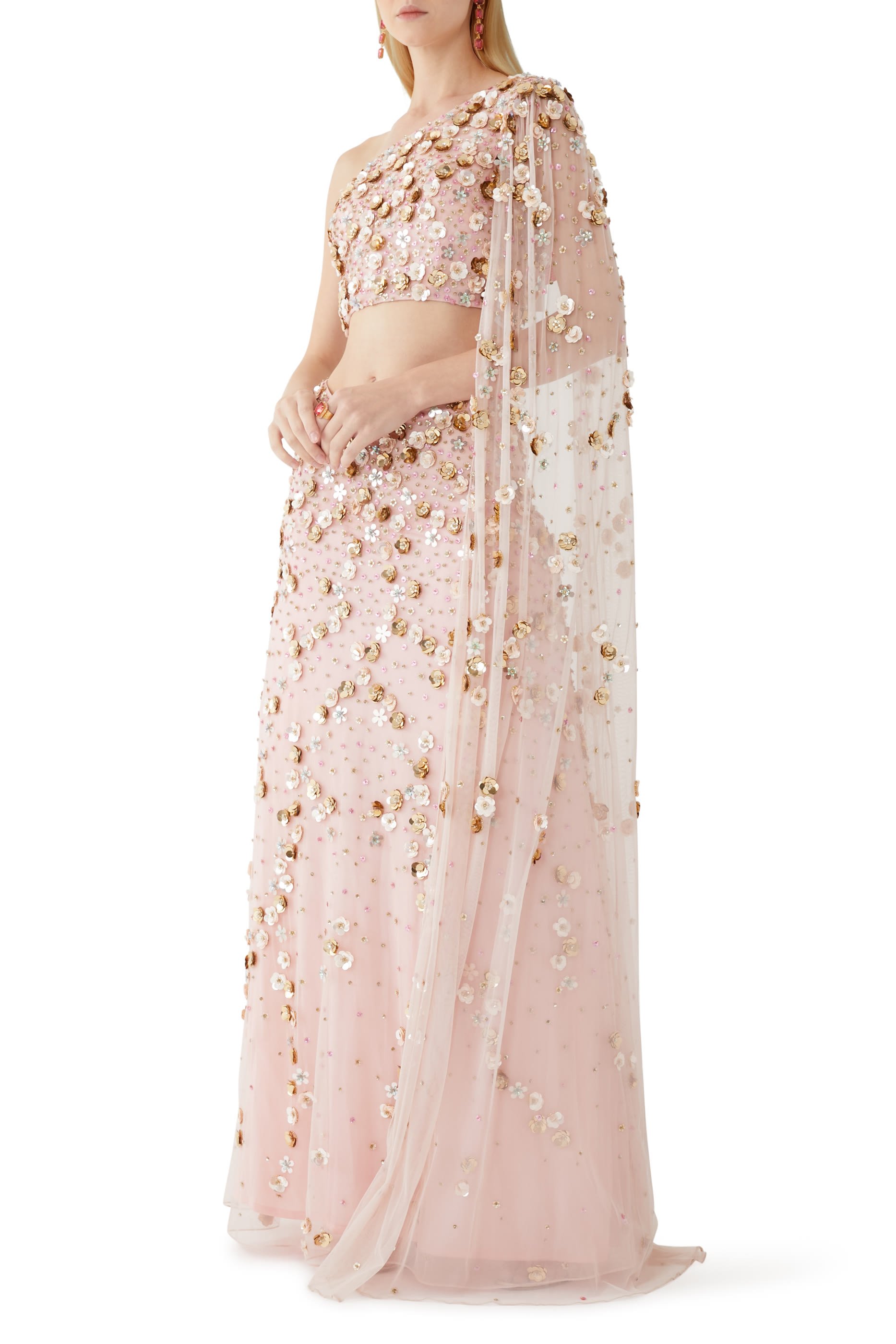 Inaya One Shoulder Train Drape Beaded Saree Gown