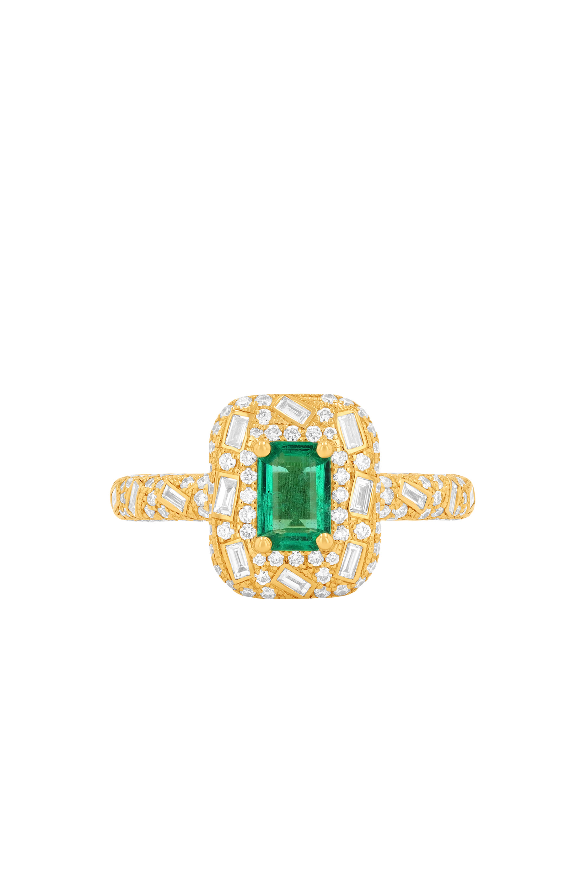 OAK Emerald Cut Halo Portrait Ring, 18K Yellow Gold with Emerald & Diamonds