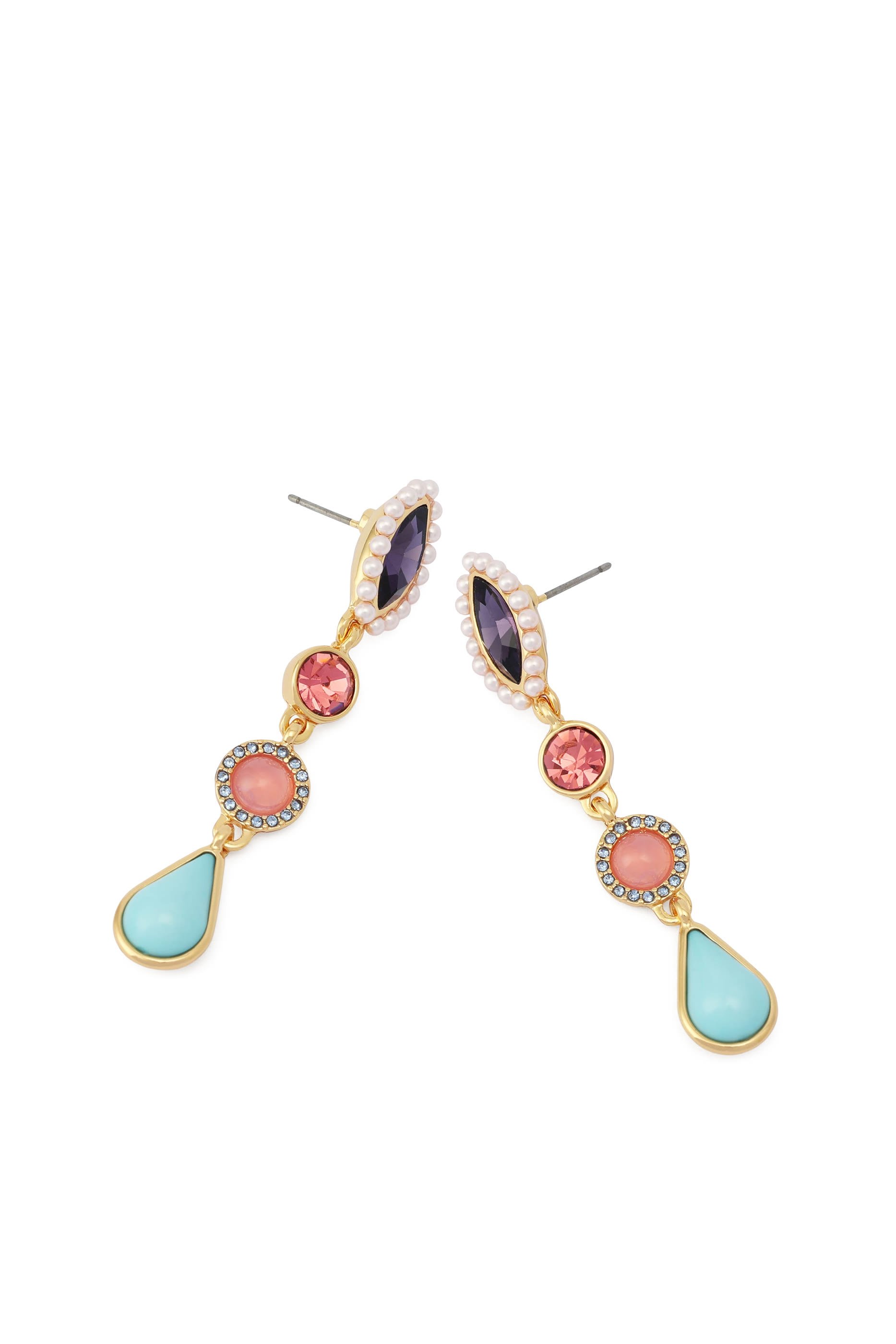 Gemstone Linear Earrings, Brass & Glass Crystal, Glass Pearl, Resin