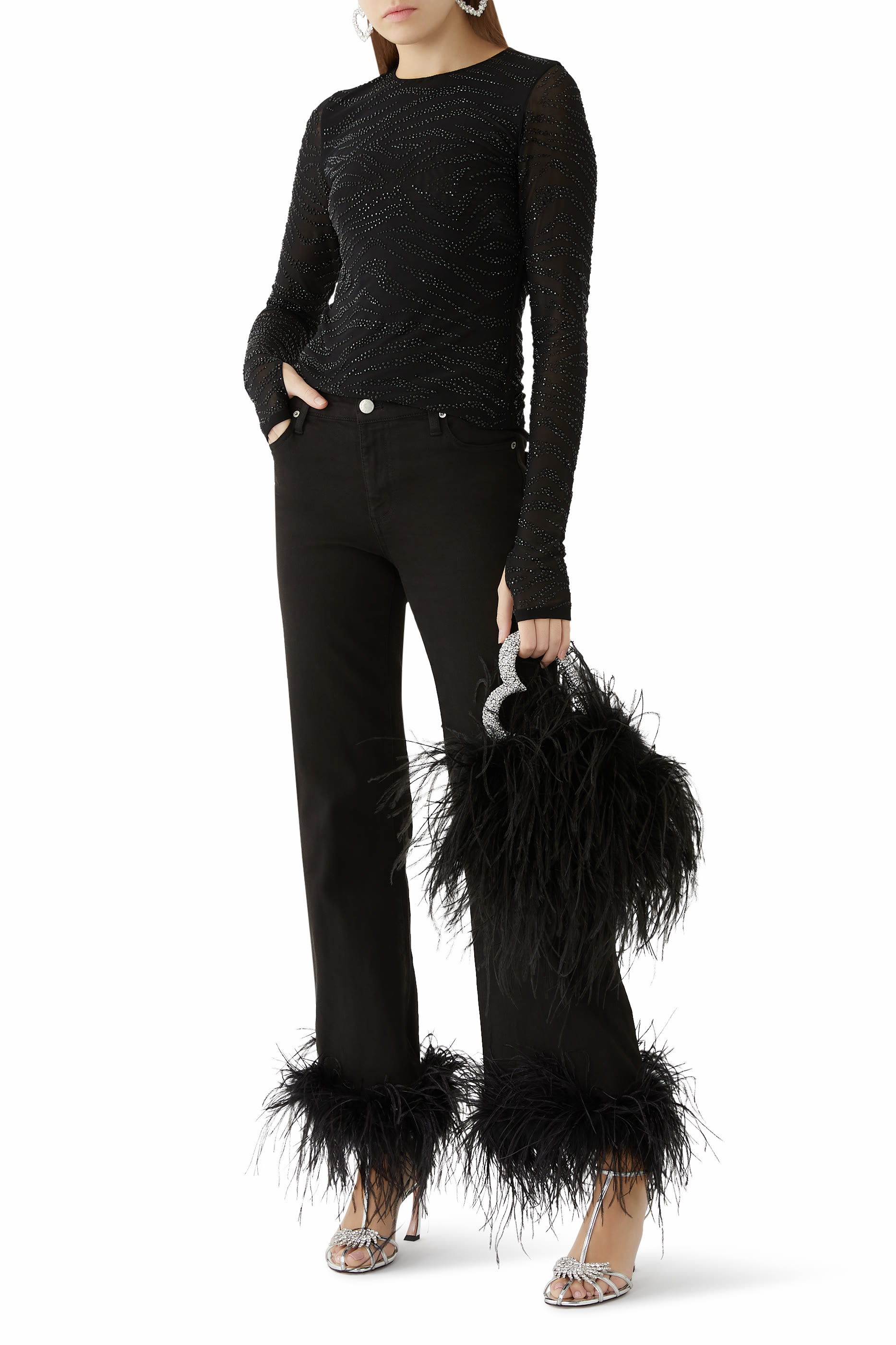 Feather-Cuff Roxie Flared Jeans