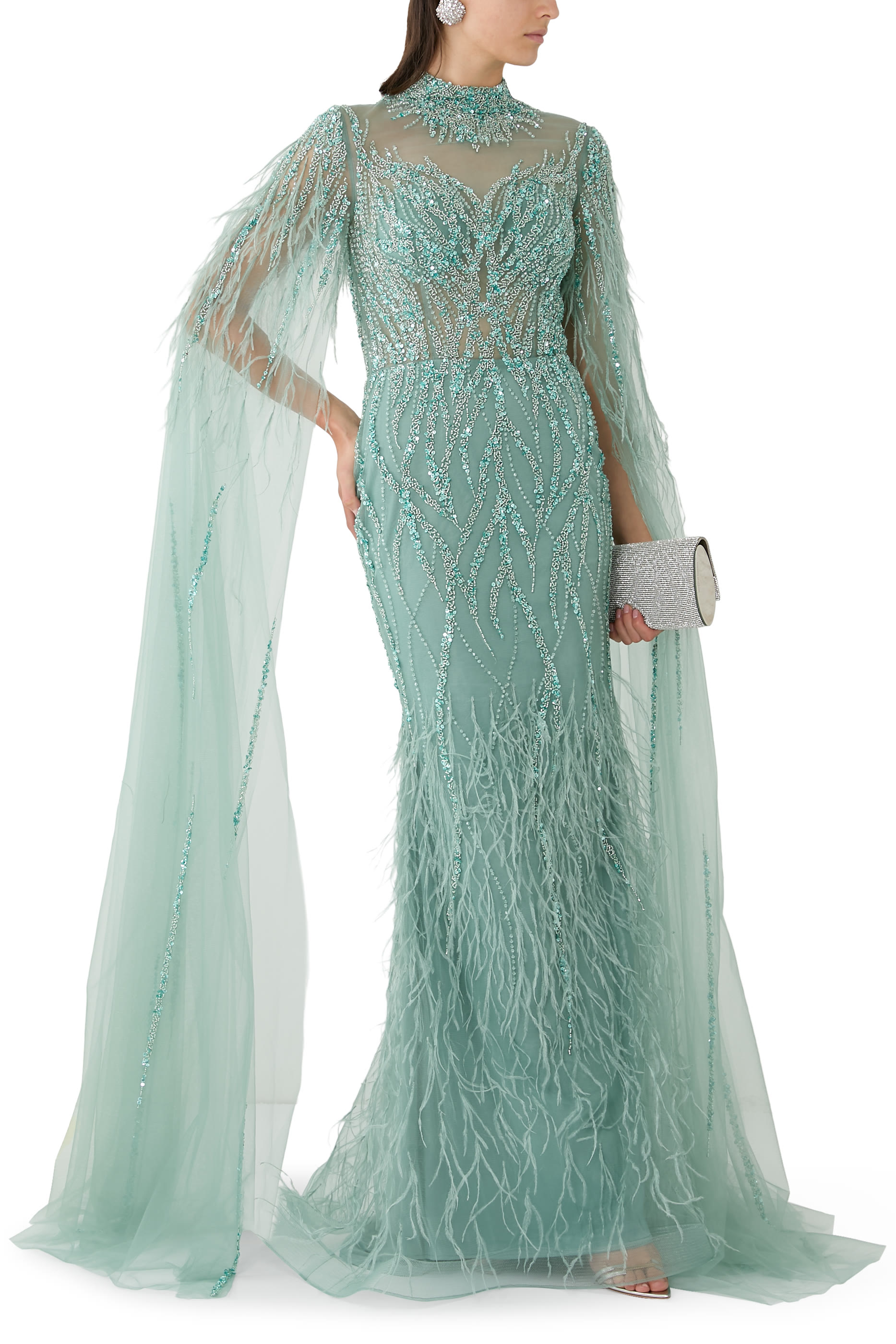 Beaded Caplet Tulle Evening Gown