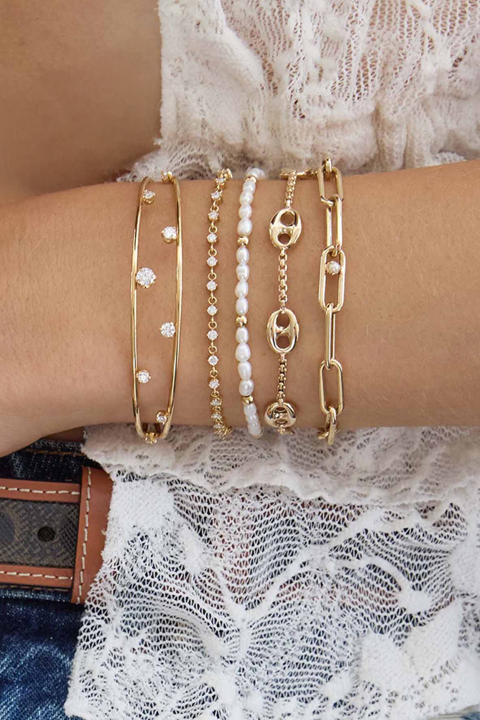 Bead Station Rice Pearl Bracelet, 14K Yellow Gold