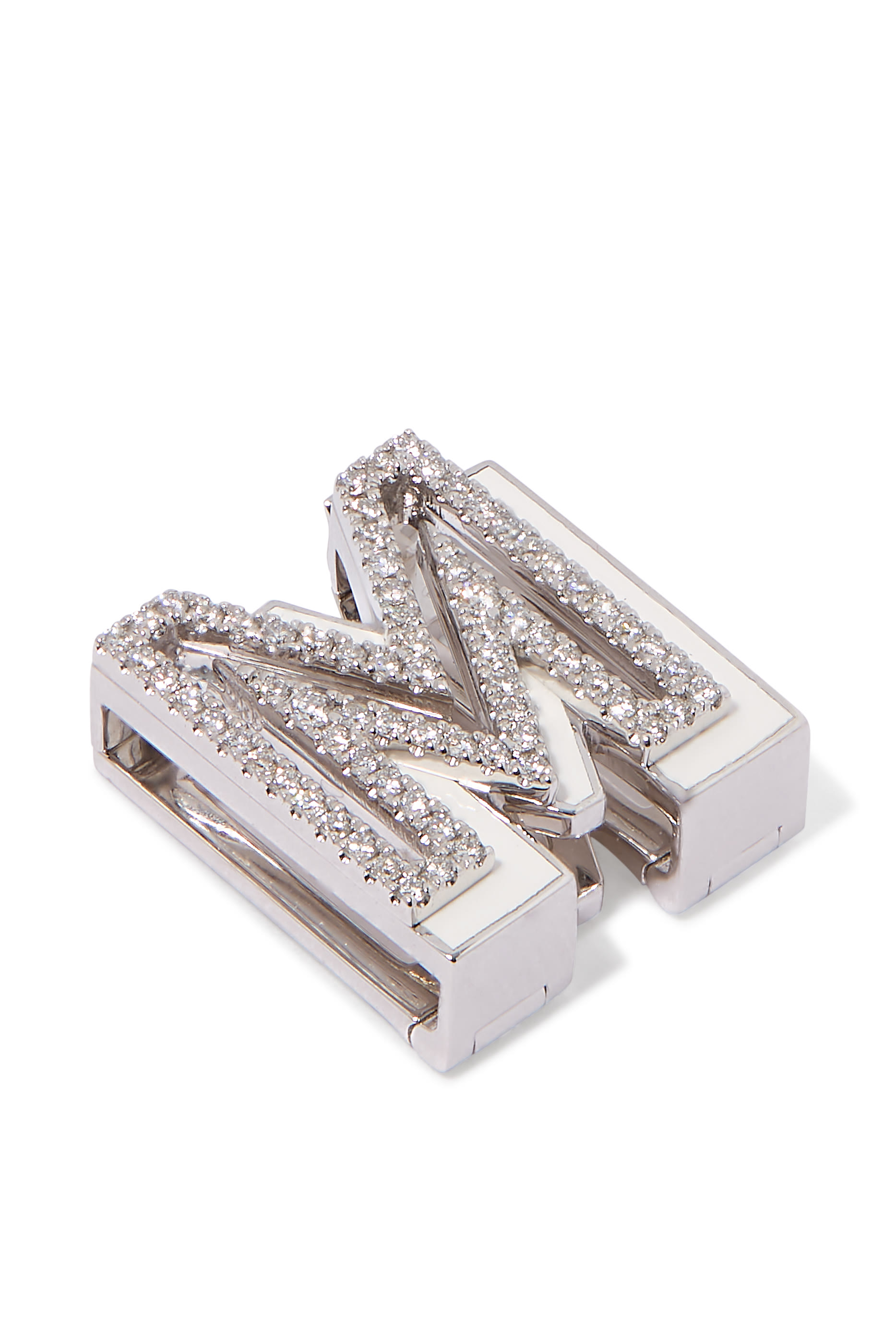 Letter M Charm, 18k White Gold & Enamel, Diamonds