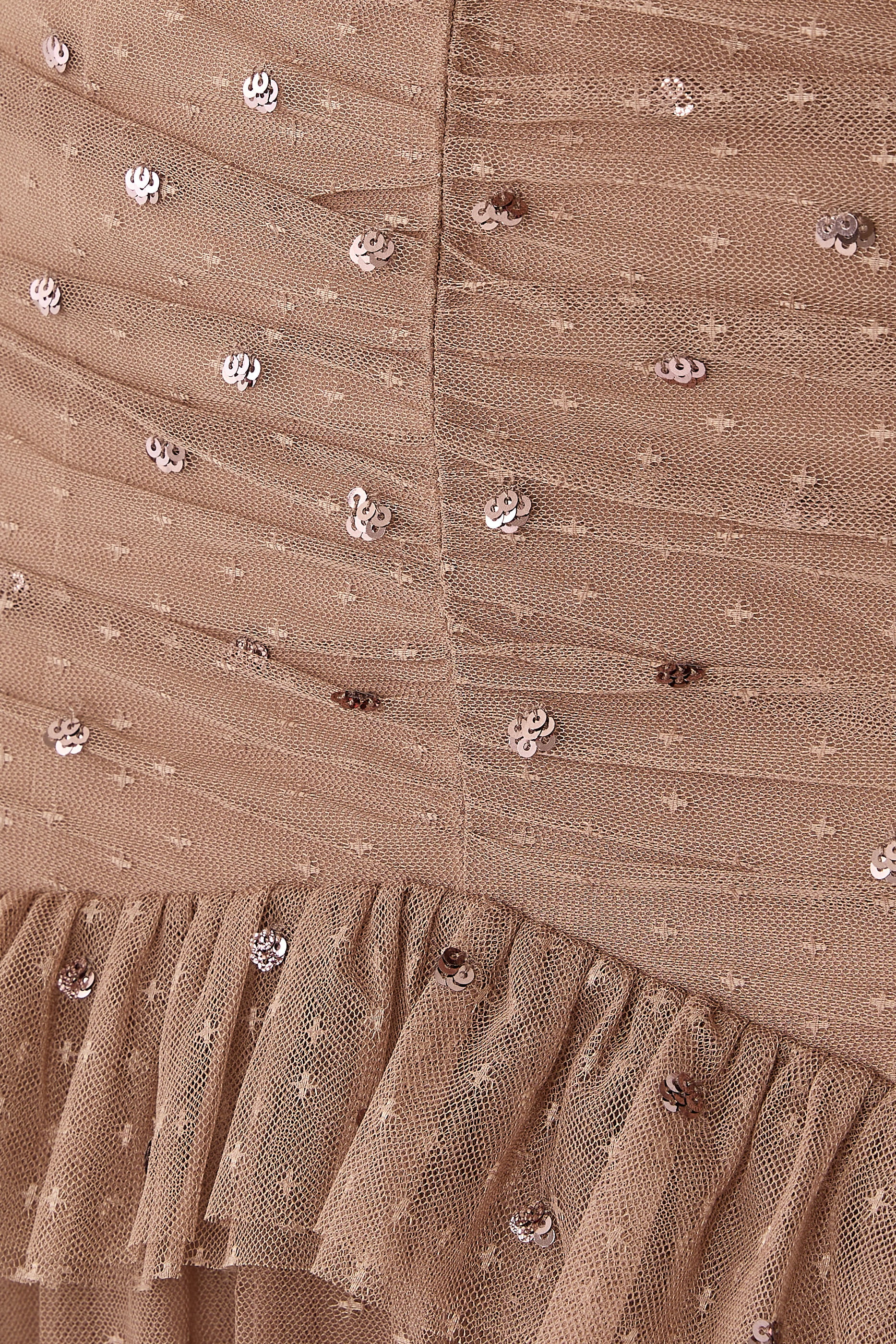 Sequin Glimmer Rouched Off-Shoulder Gown