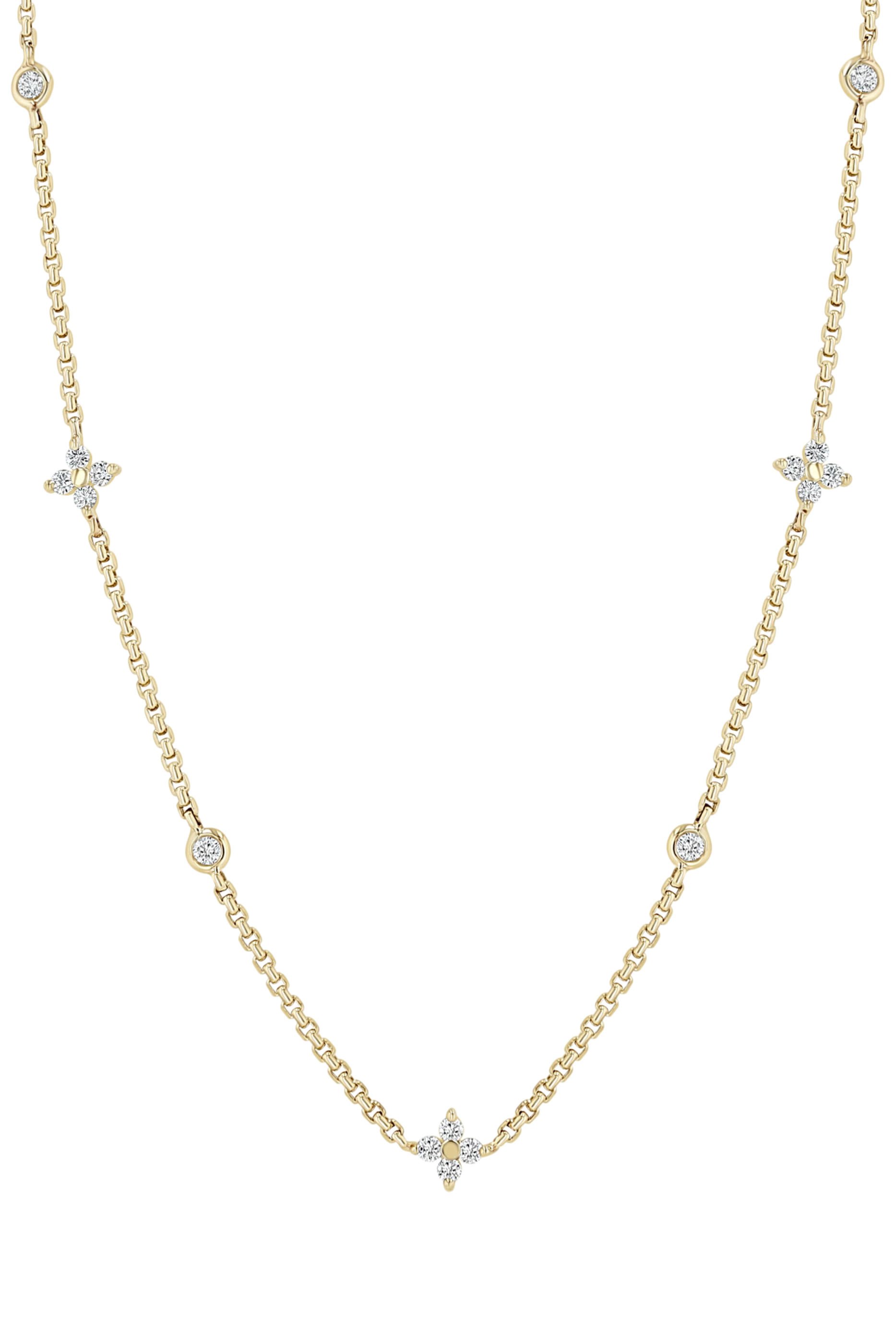 Prong Quad & Floating Extra Small Box Chain Necklace, 14K Gold & Diamonds