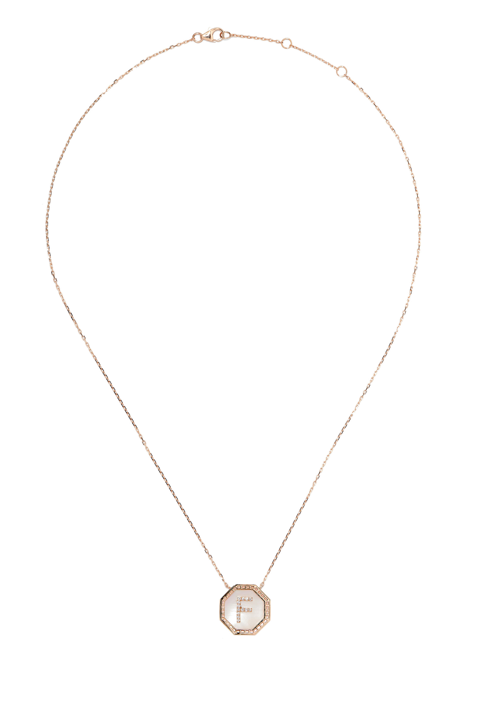Harf Turath Letter F Pendant, 18k Rose Gold, Diamonds & Mother of Pearl