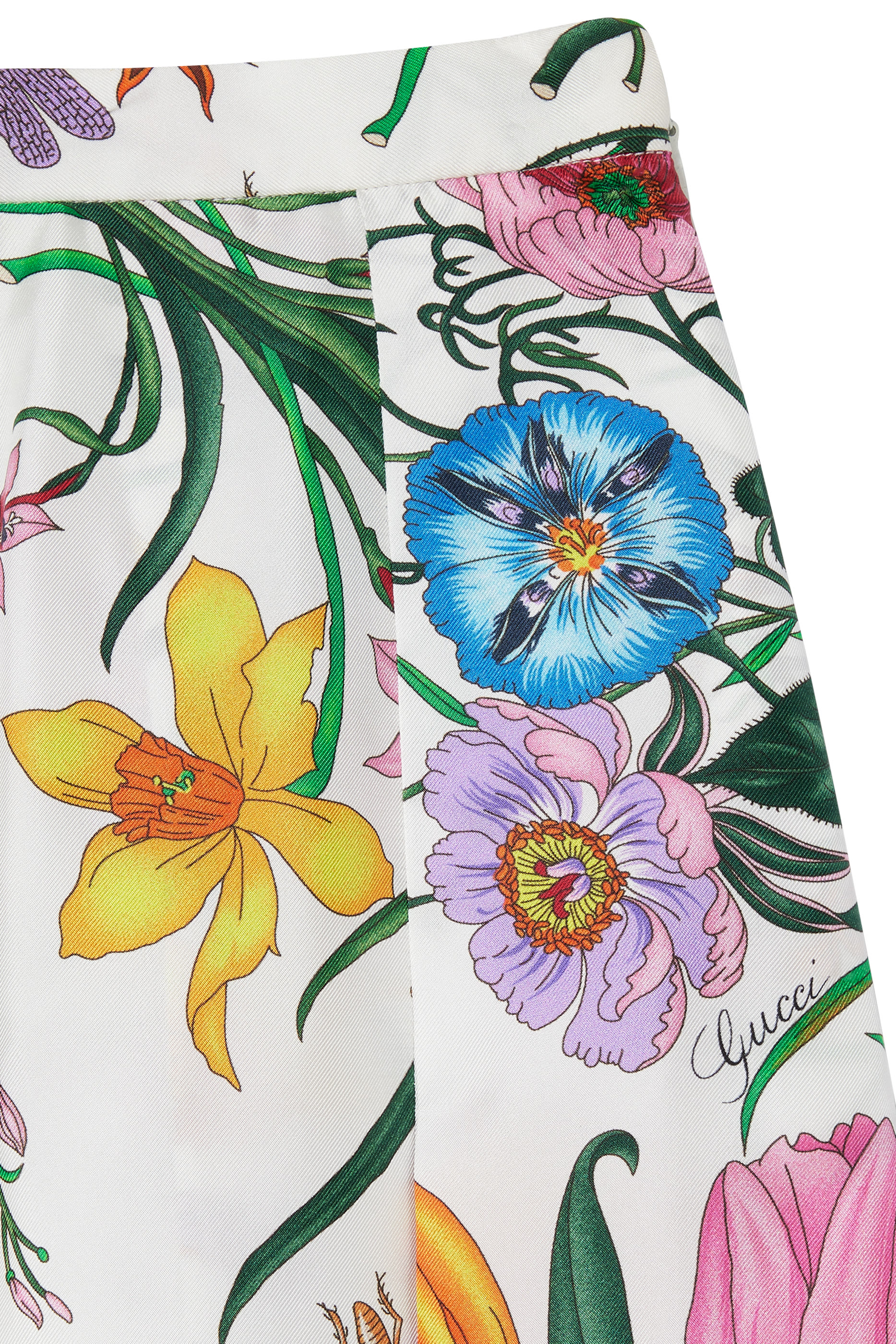All-Over Flora Print Silk Twill Pleated Skirt