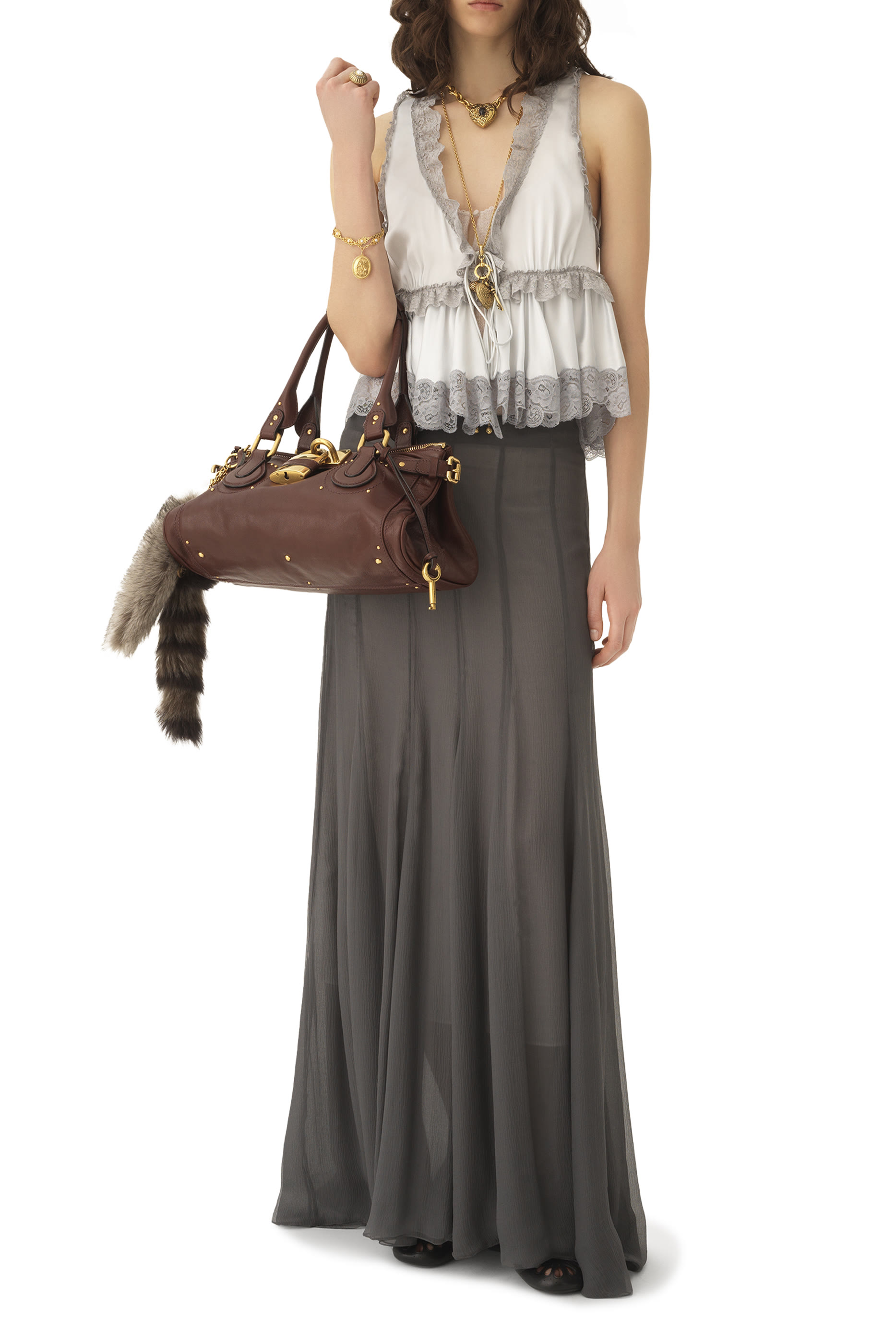  Tie-Front Sleeveless Top in Washed Silk Satin & Lace