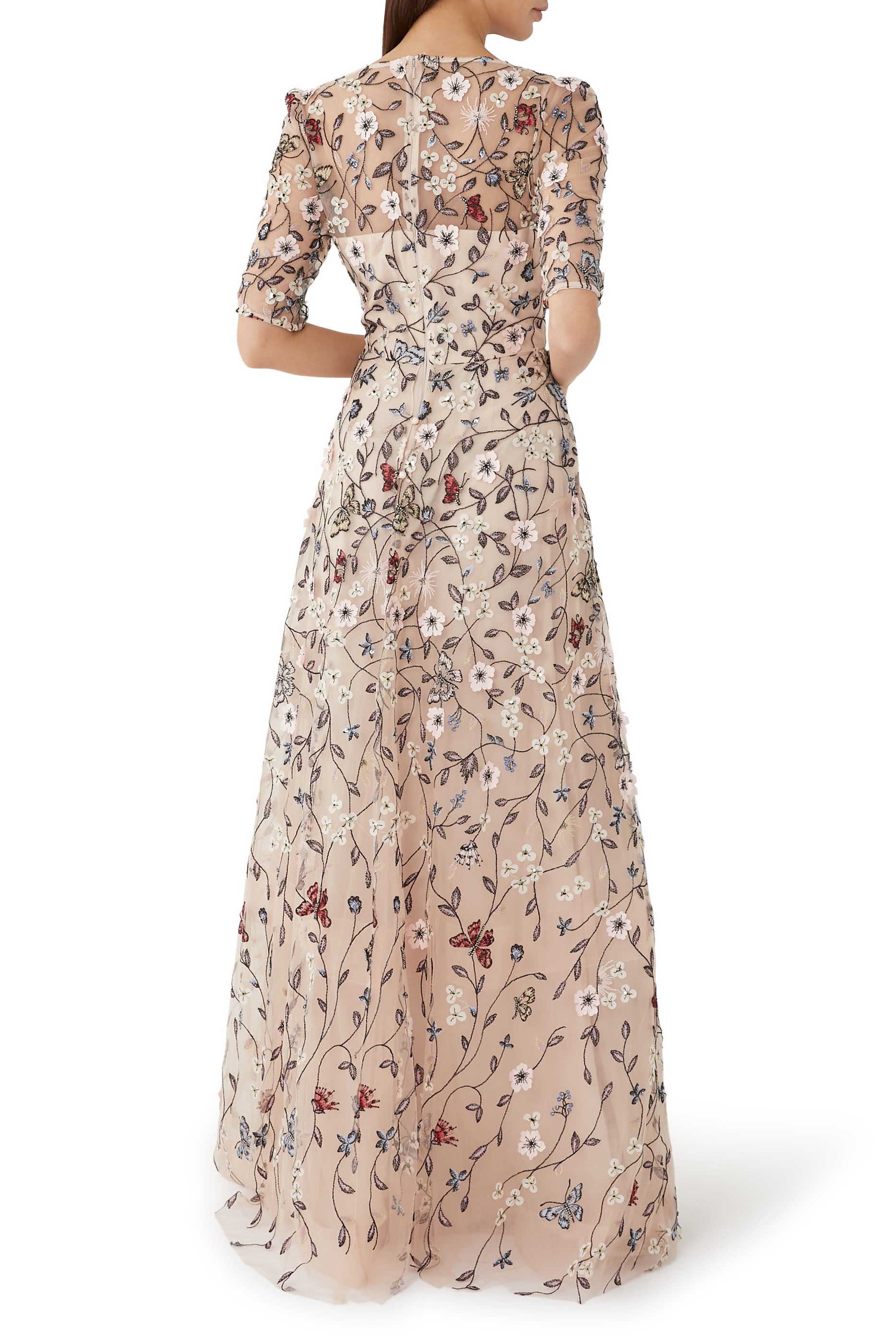 Tulle Gown With Floral Embroidery