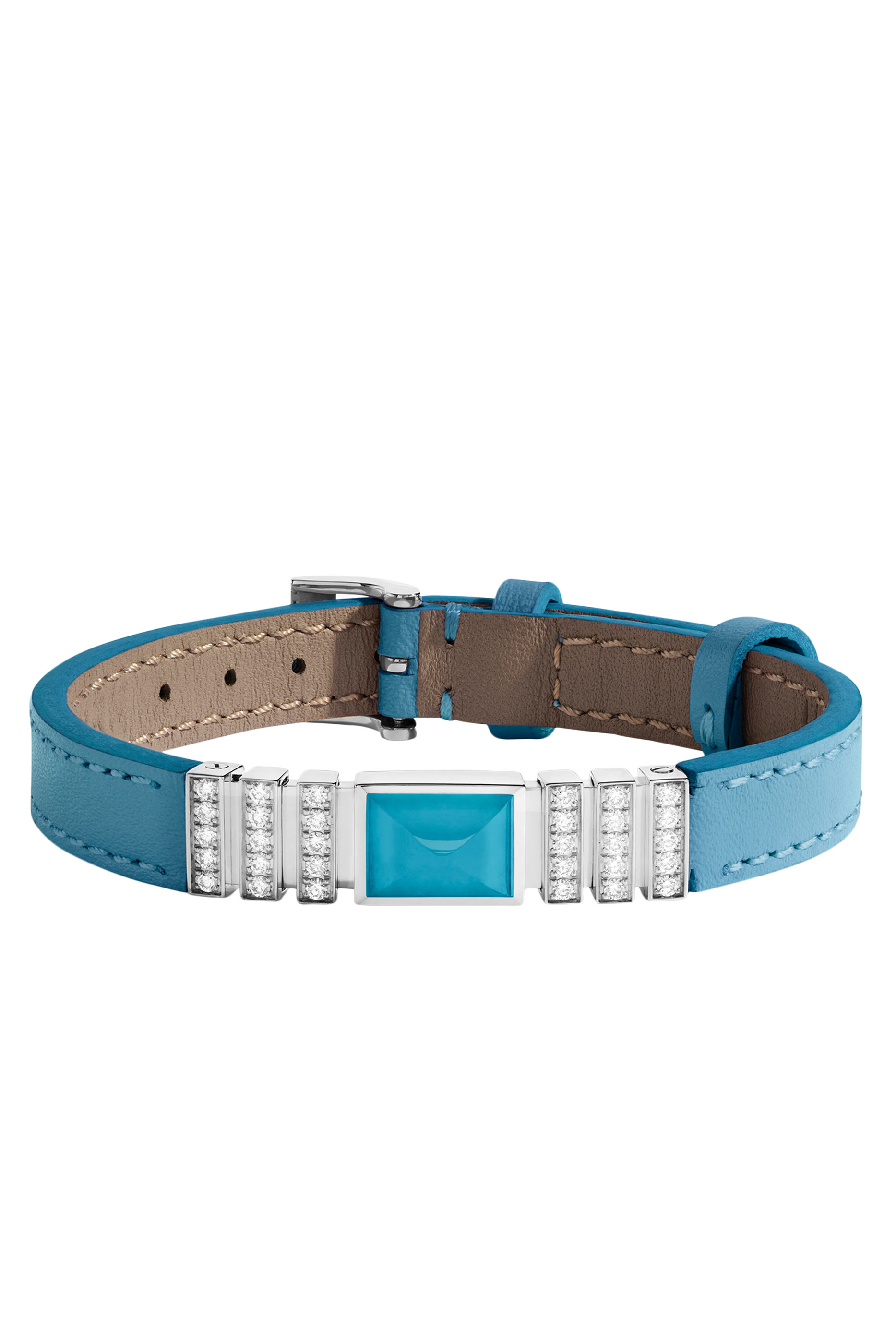 Unii Bracelet, 18k White Gold Turquoise & Diamond with Blue Leather Strap