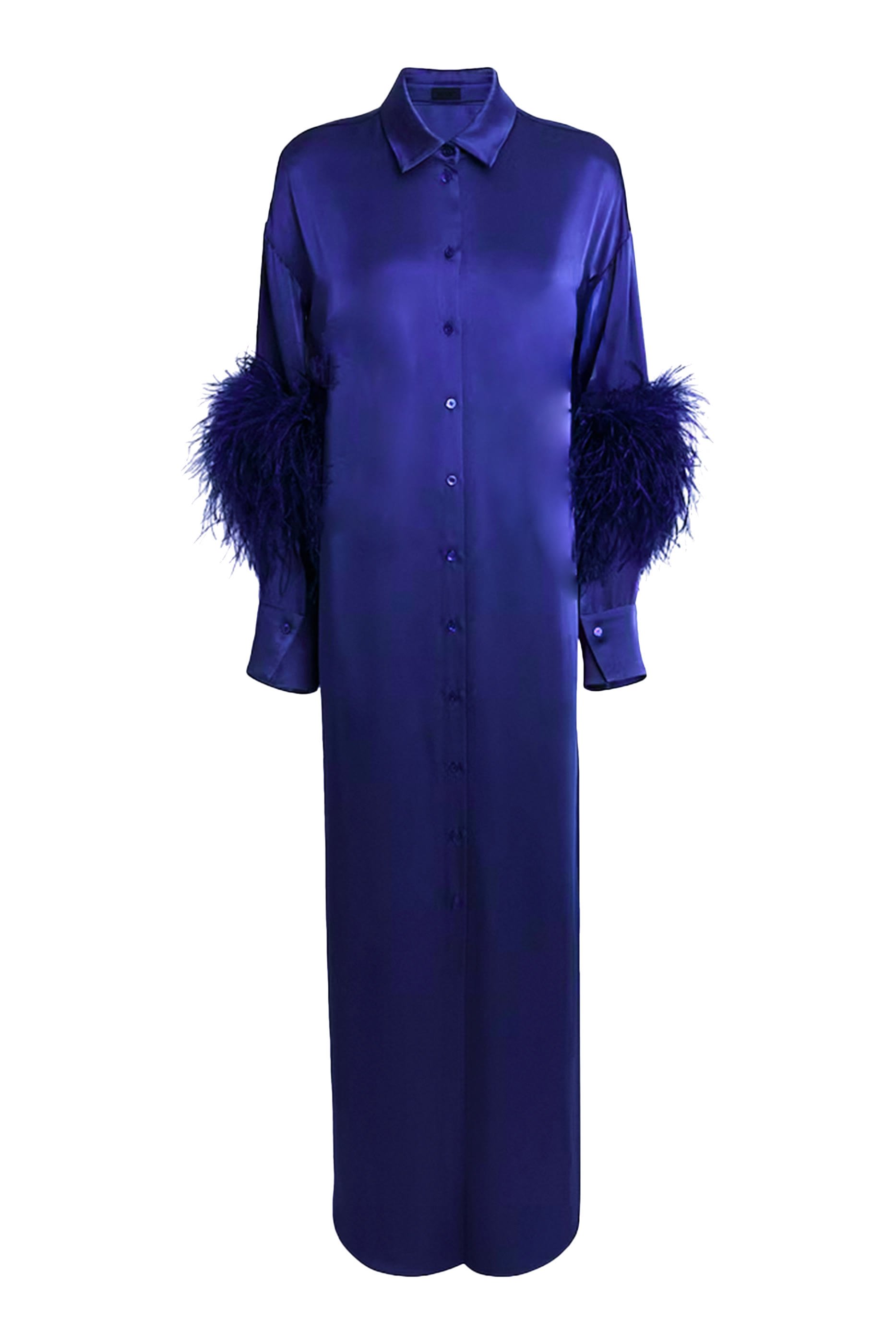 Satin Long Button Down Dress with Feathers