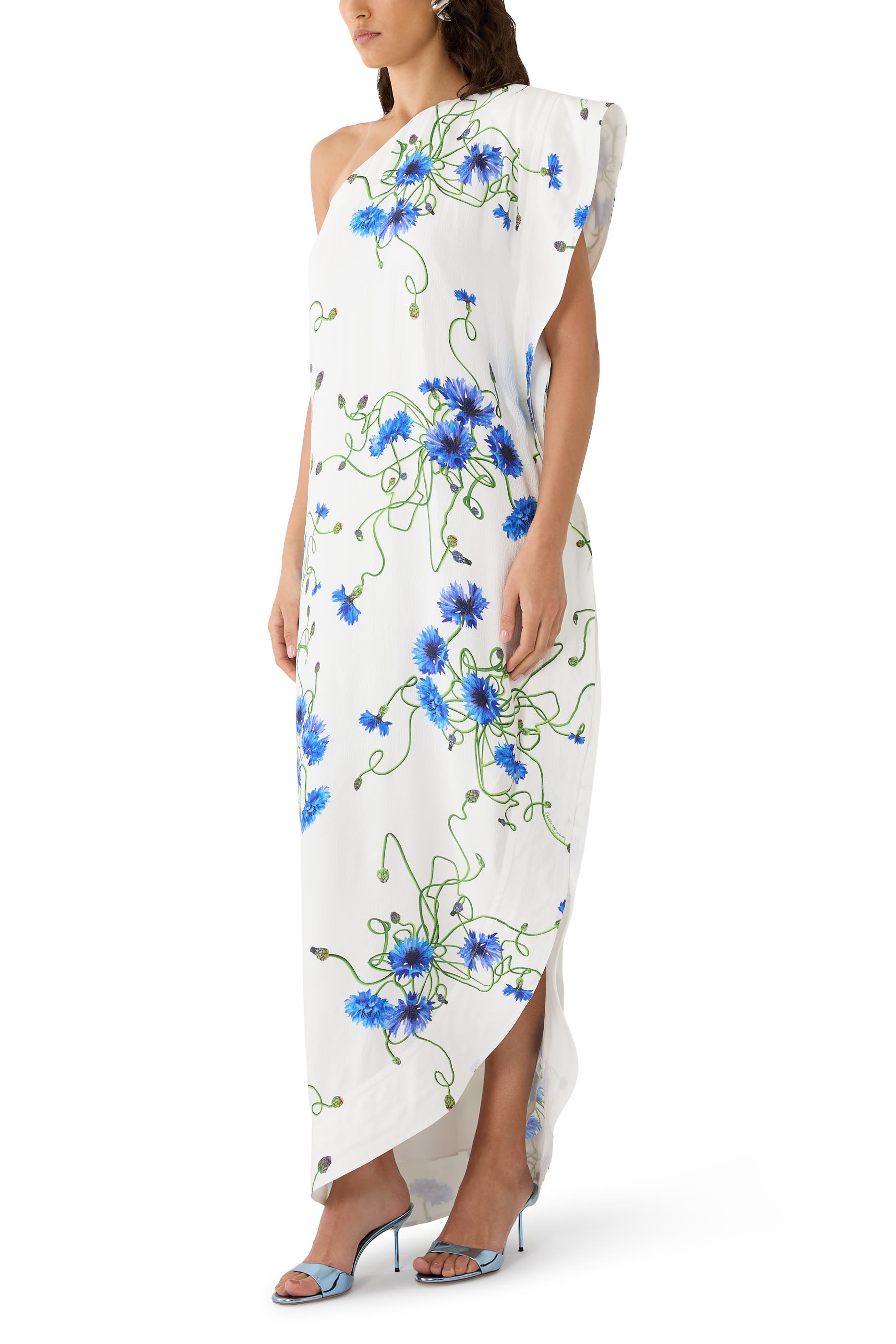  Floral Print Hammered Silk Asymmetric Cocktail Dress 