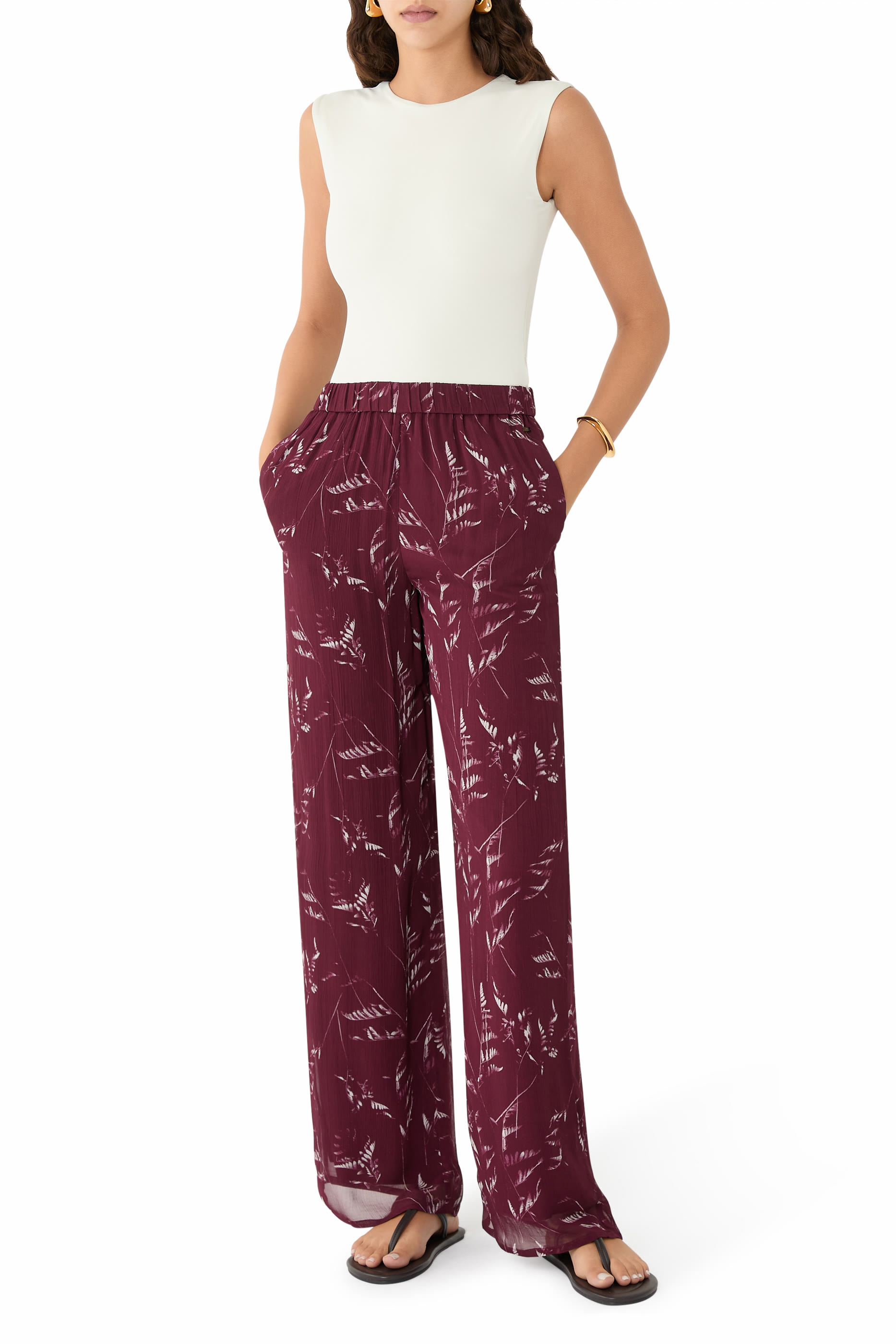 Pleated Chiffon Trousers with Foliage Print