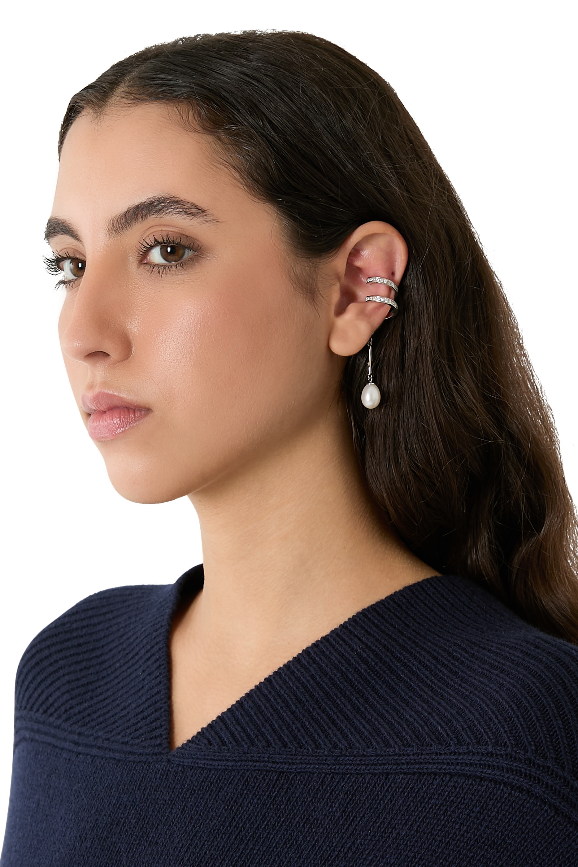 Encrusted Spiral Pear Drop Single Earcuff, 925 Sterling Silver & Pearl