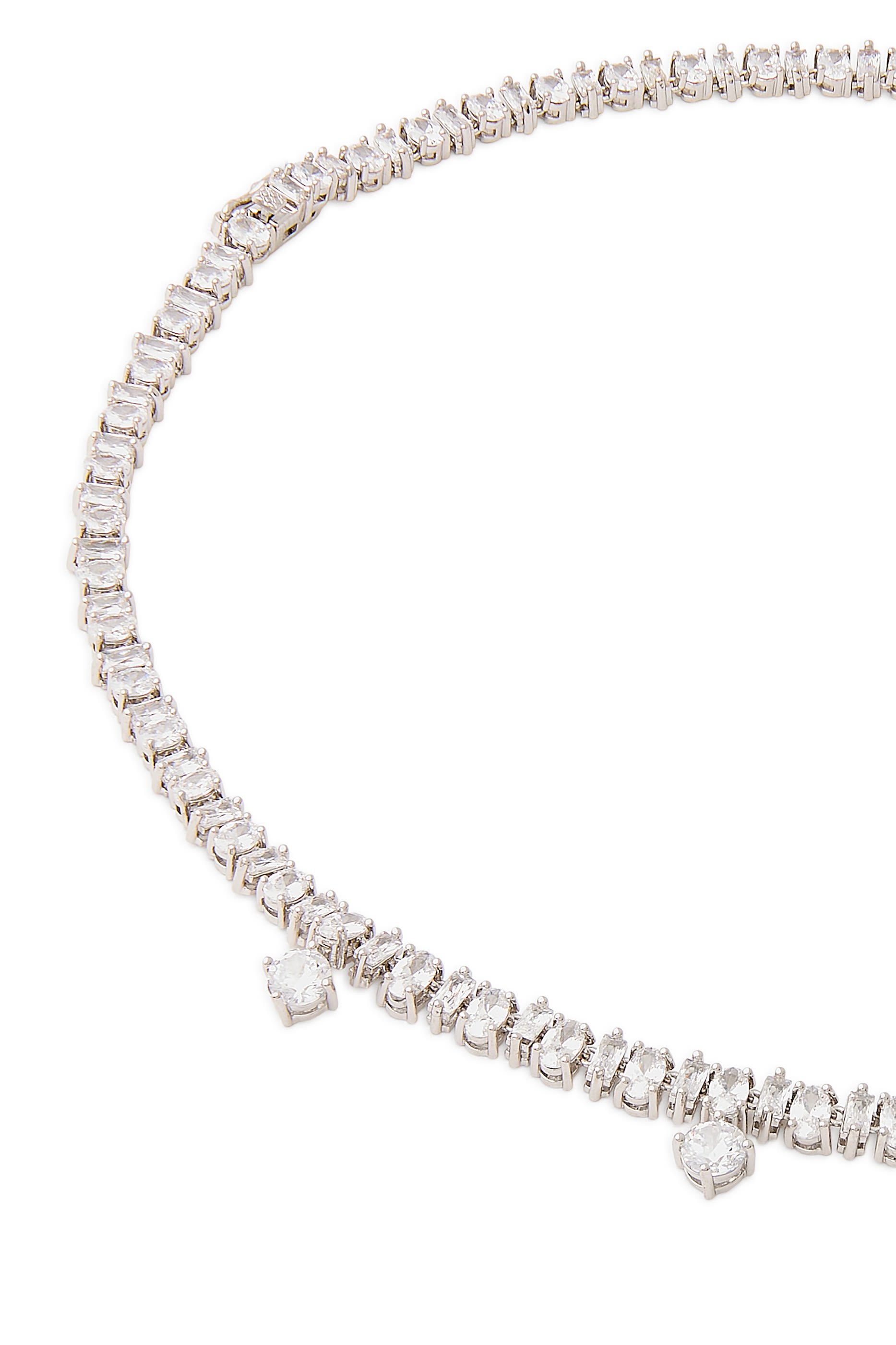 Emerald Drop CZ Tennis Necklace,  Rhodium-Plated Brass & Cubic Zirconia