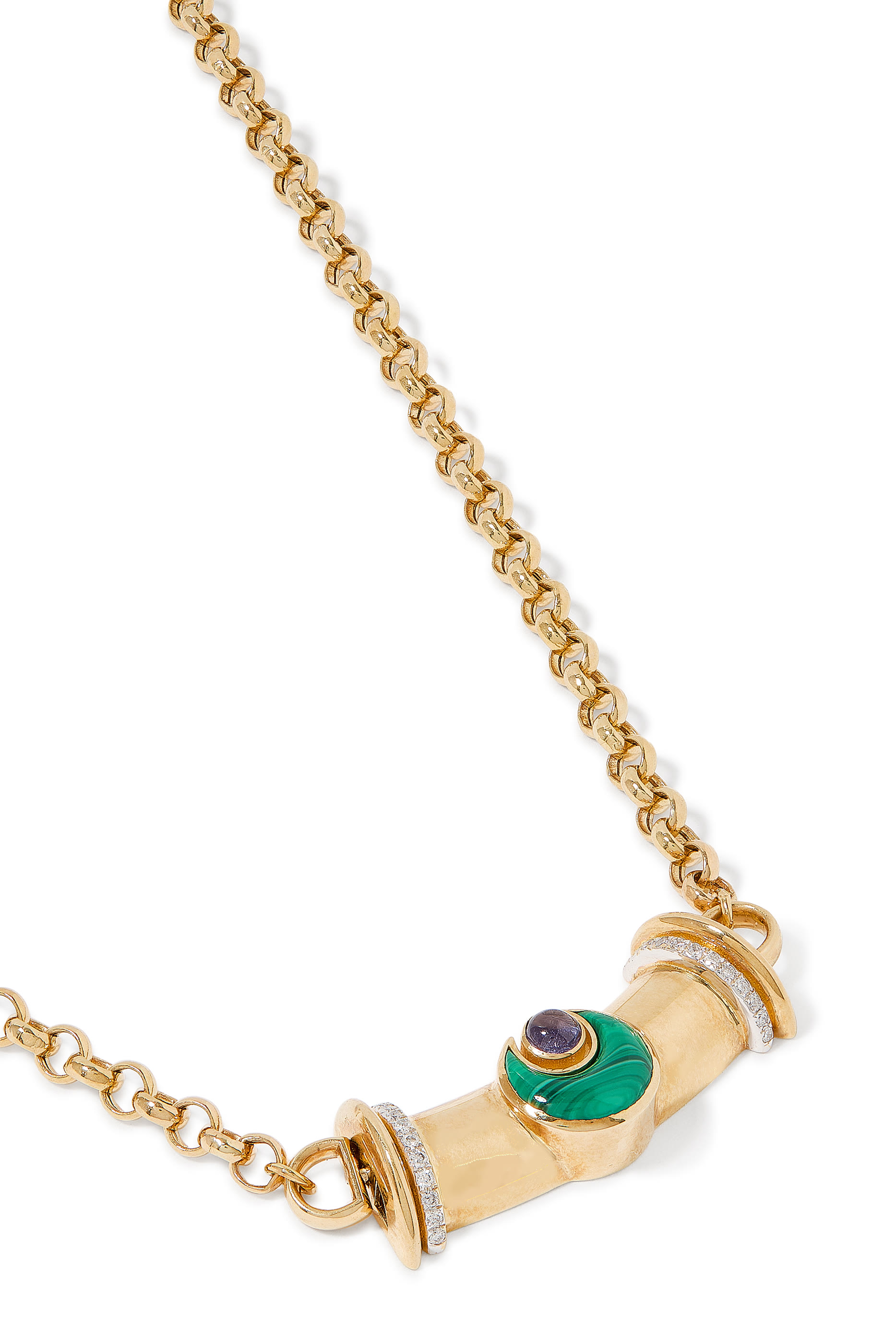 Warrior Moon Necklace, 18k Yellow Gold with Diamonds, Malachite & Amethyst