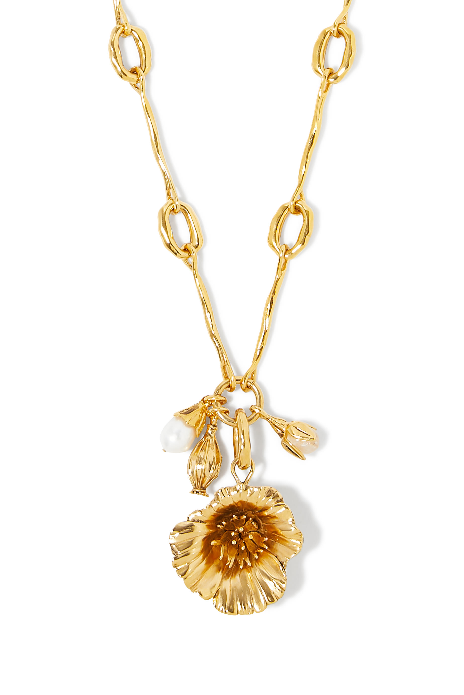Poppy Flower Necklace, 24k Gold-Plated Brass & Freshwater Pearls