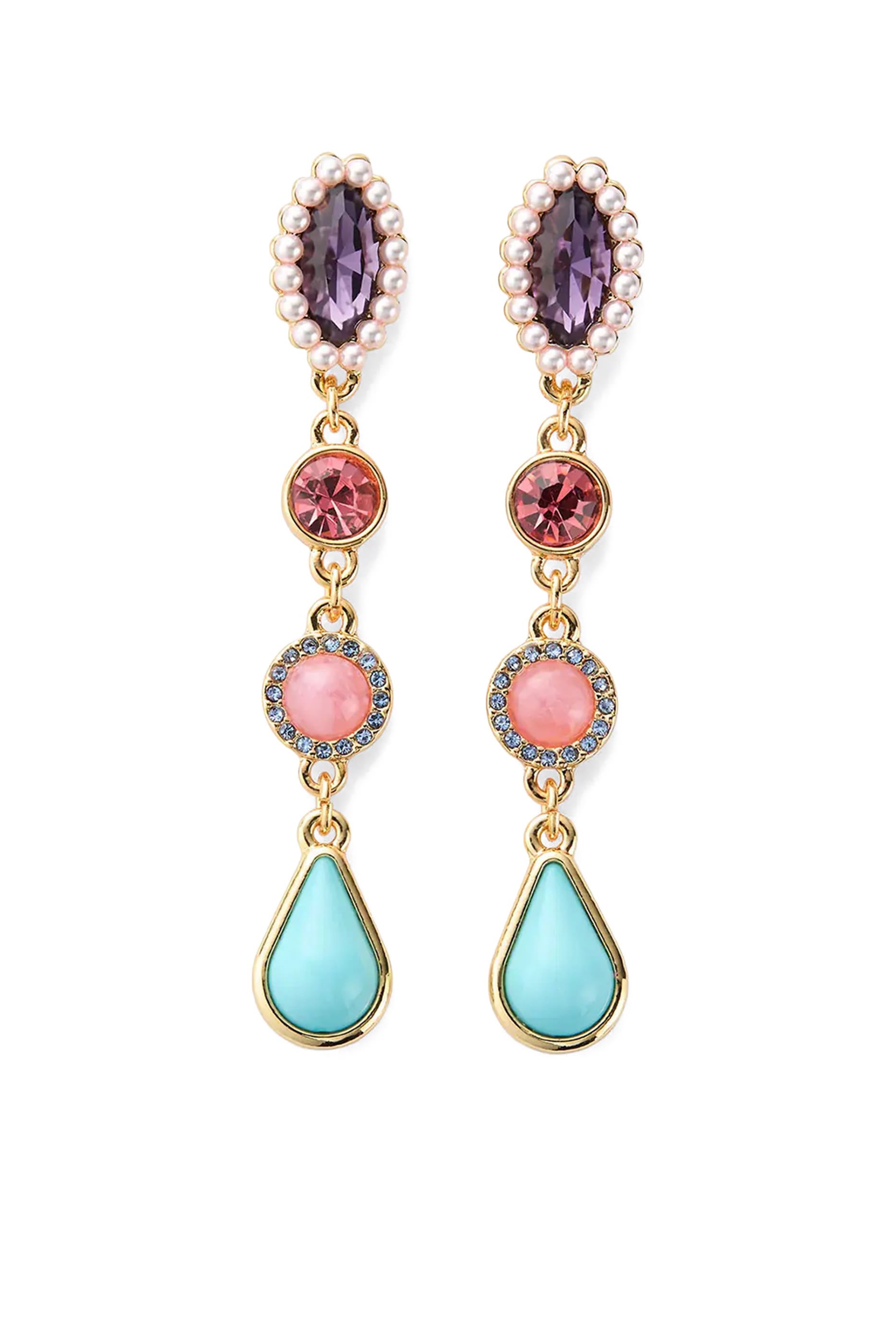 Gemstone Linear Earrings, Brass & Glass Crystal, Glass Pearl, Resin