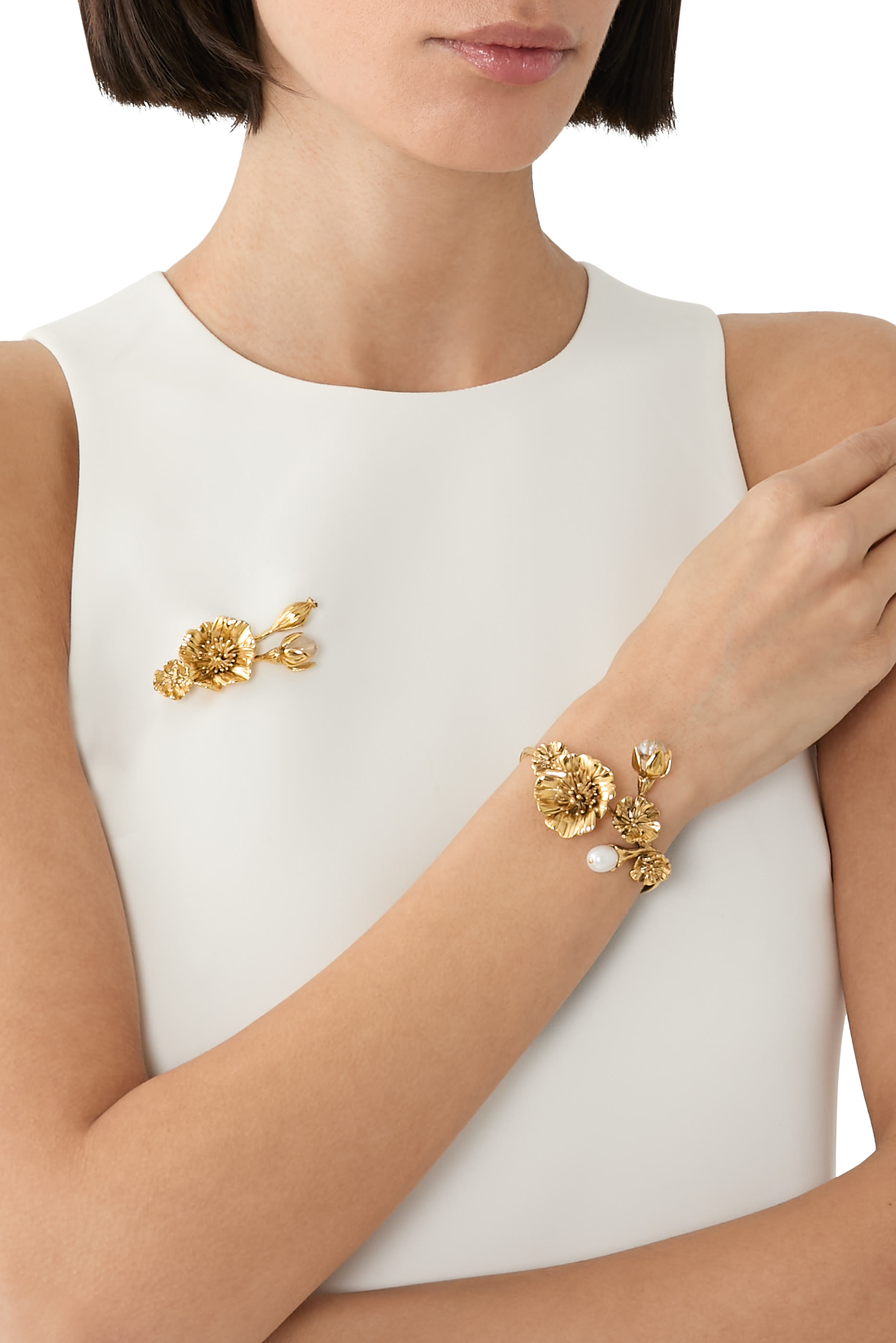 Fleur de Pavot Bouquet Brooch,  24K Gold-Plated Brass & Natural Rock Crystal