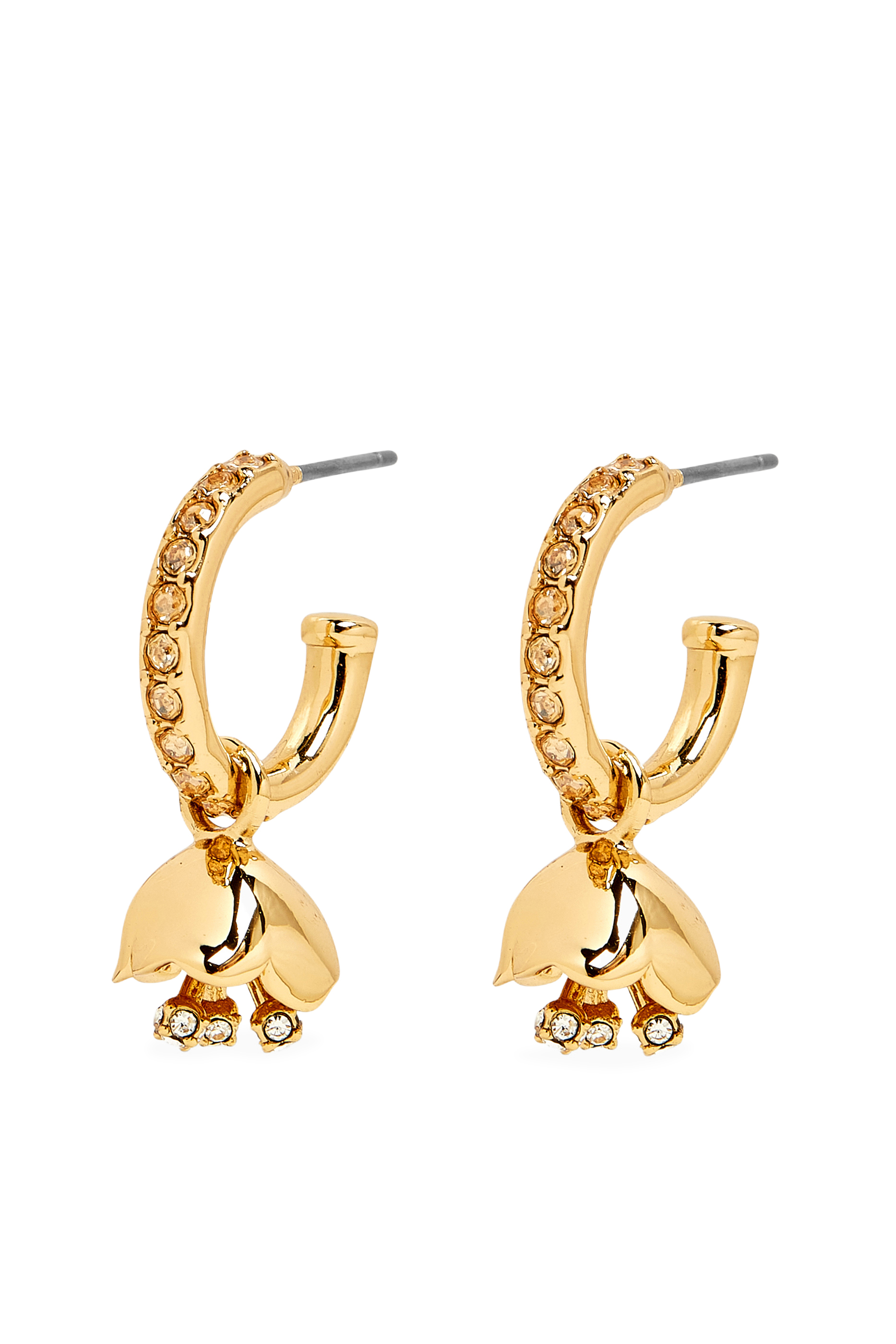 Floral Huggie Earrings, Plated Brass, Glass & Cubic Zirconia