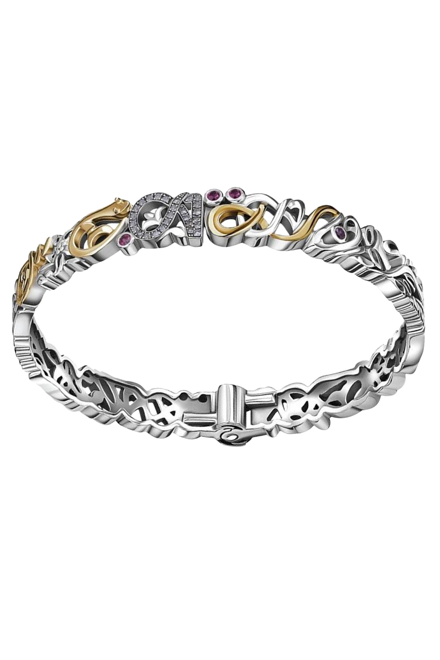 Tales Of Calligraphy Bangle, 18k Yellow Gold with Sterling Silver & Diamond