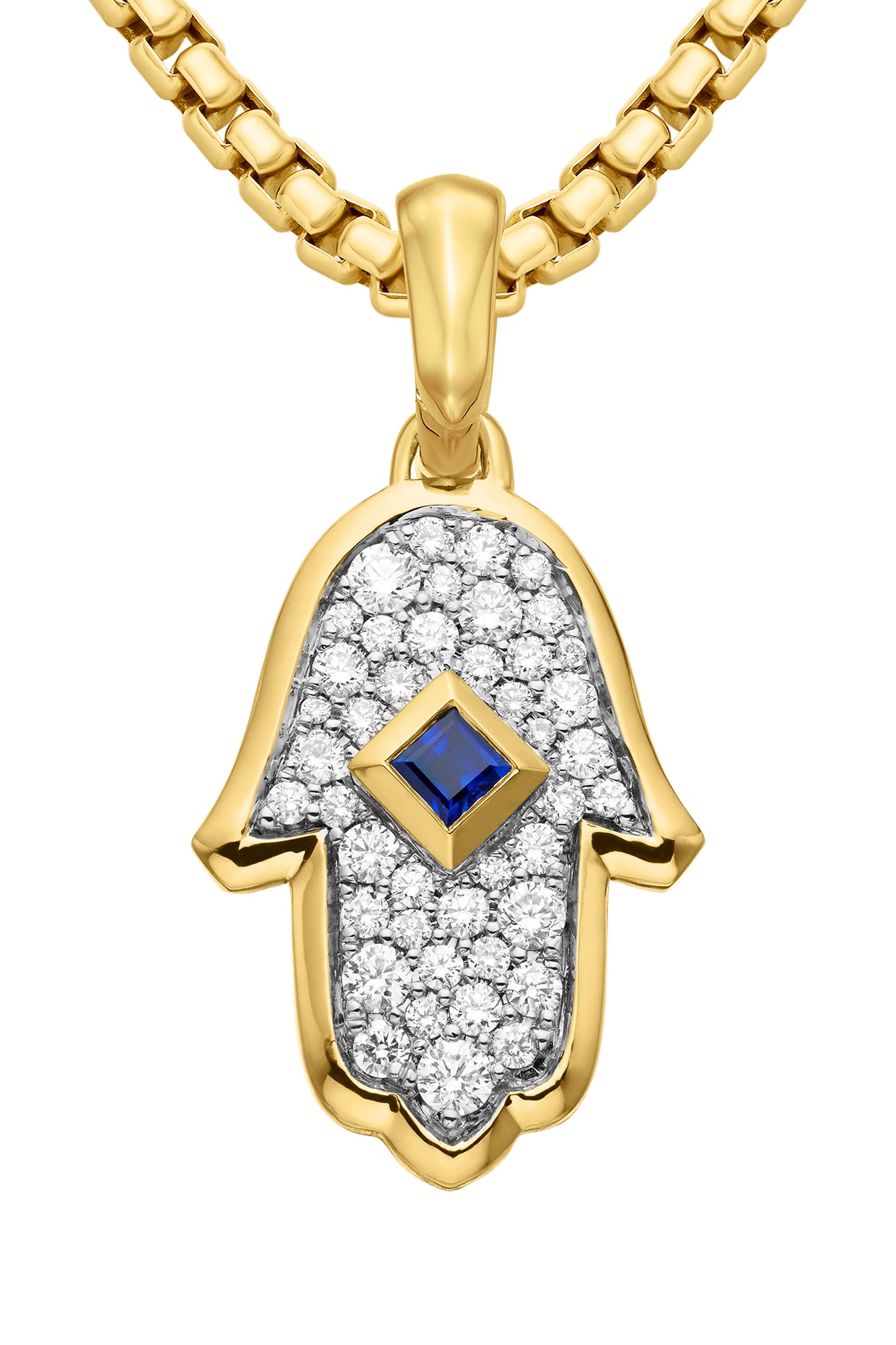 Hamsa Amulet, 18K Yellow Gold with Blue Sapphire & Diamonds