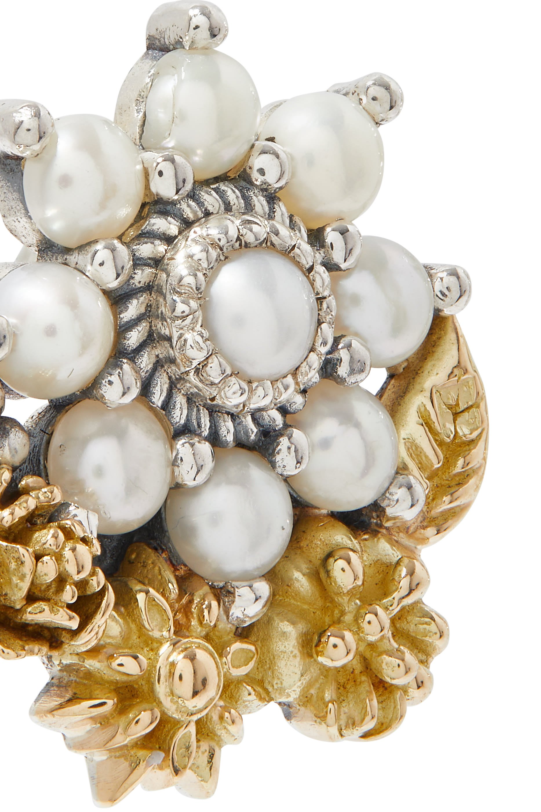 Mismatched Floral Earrings, Sterling Silver, 18K Yellow Gold & Pearl