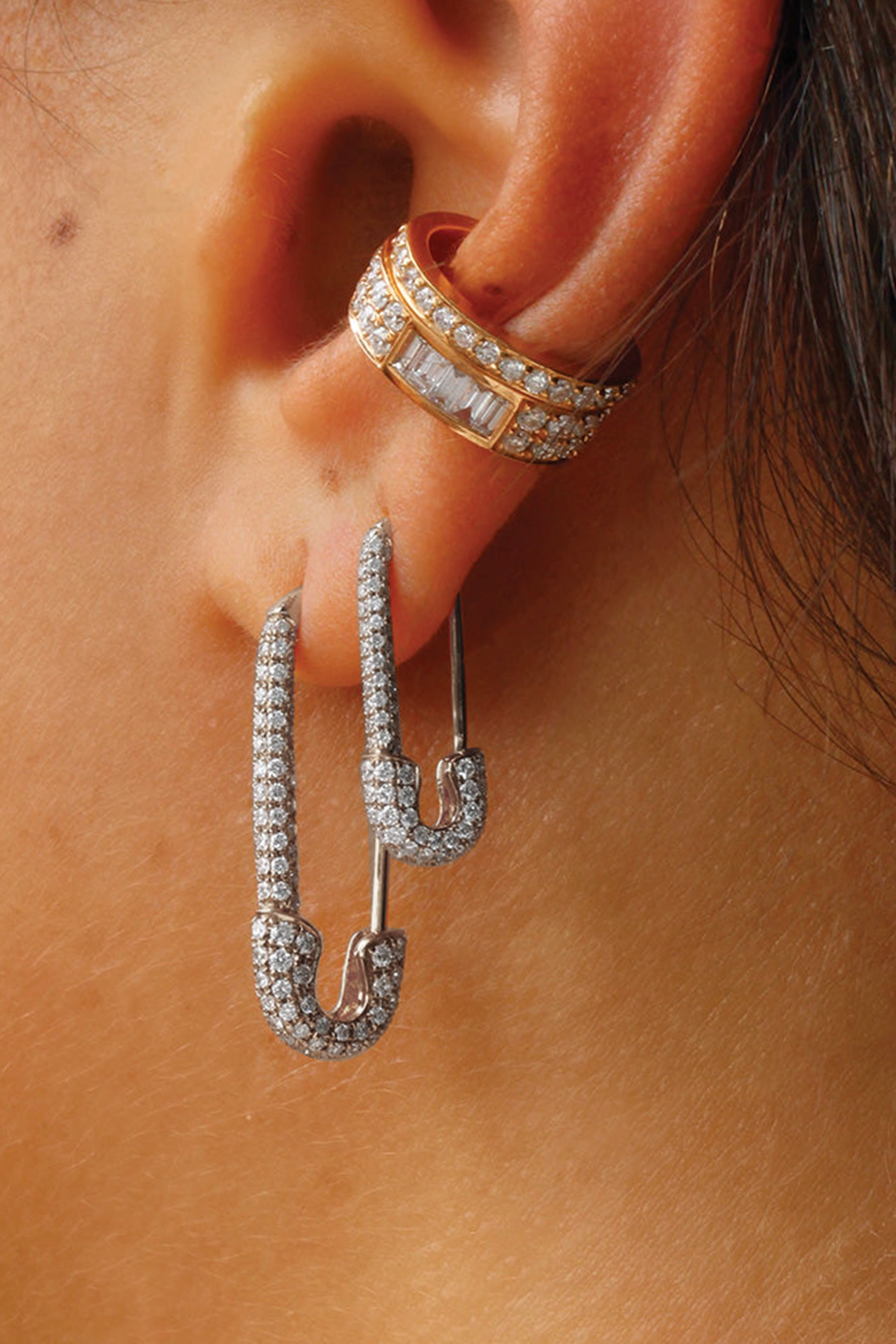 Safety Pin Single Earring Right, 18k White Gold & Diamonds