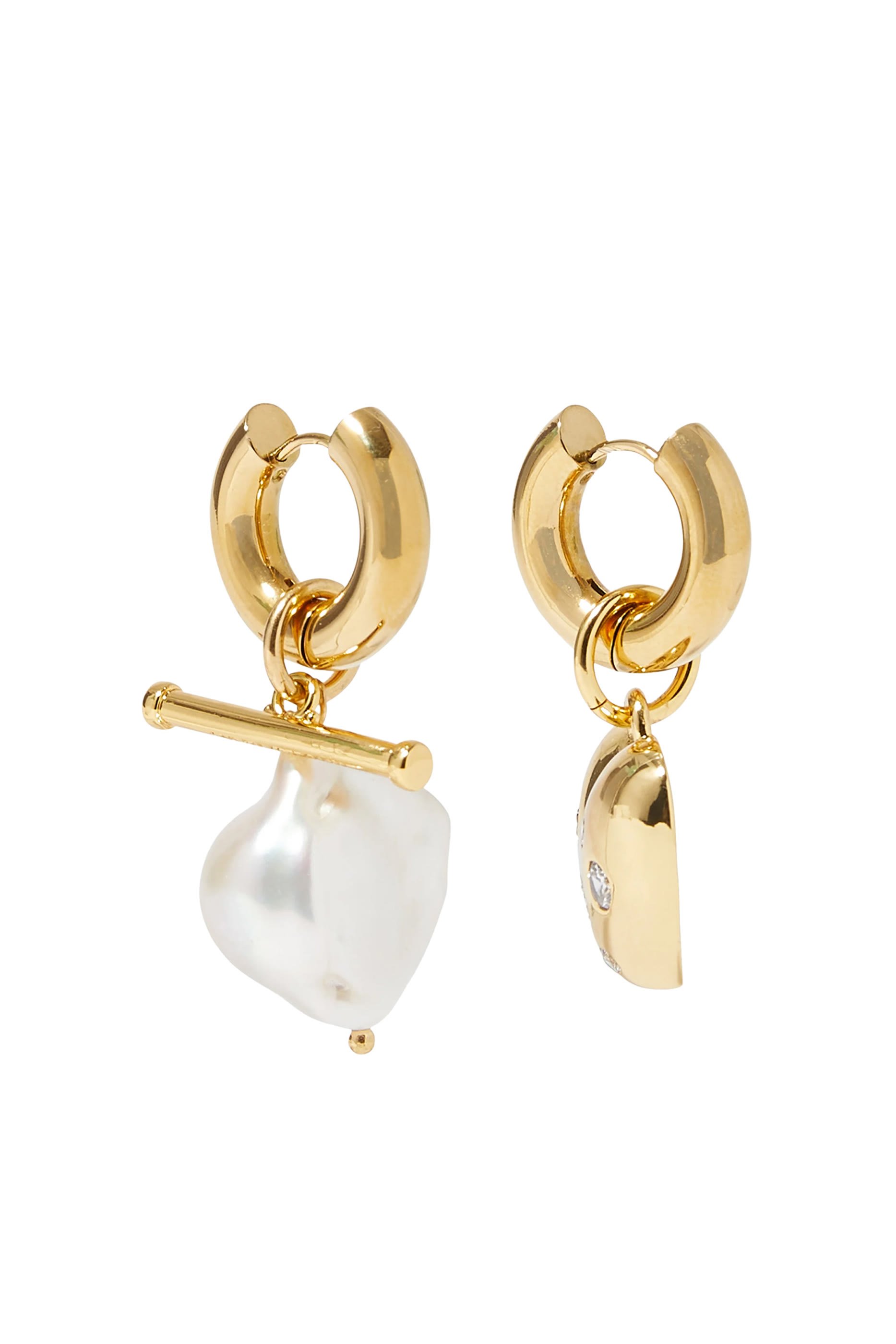 Heart and Pearl Earrings, 24k Gold Plated Brass, Freshwater Pearls & Crystals