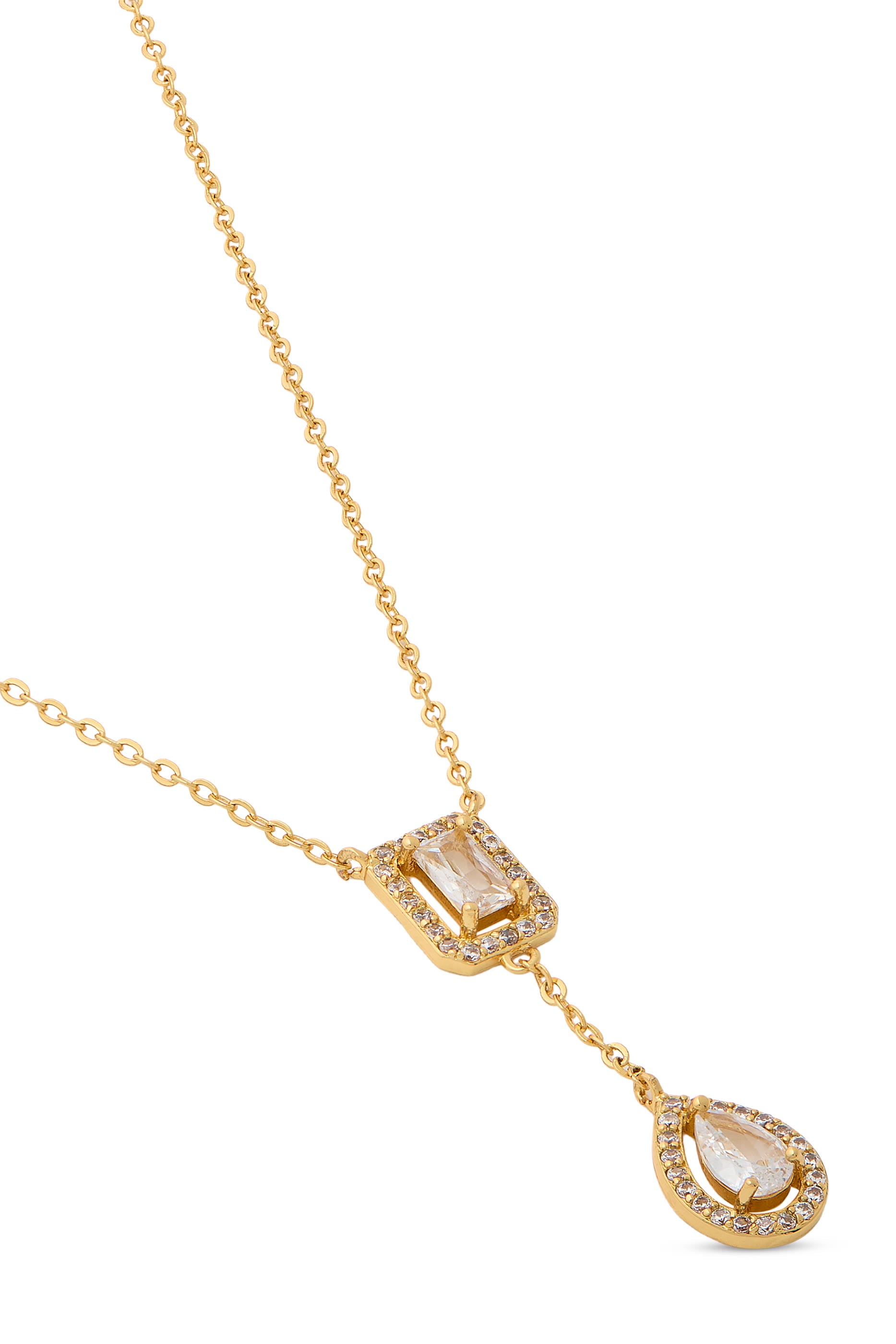 Pear Y Necklace, Rhodium-plated Brass & Emerald, Cubic Zirconia