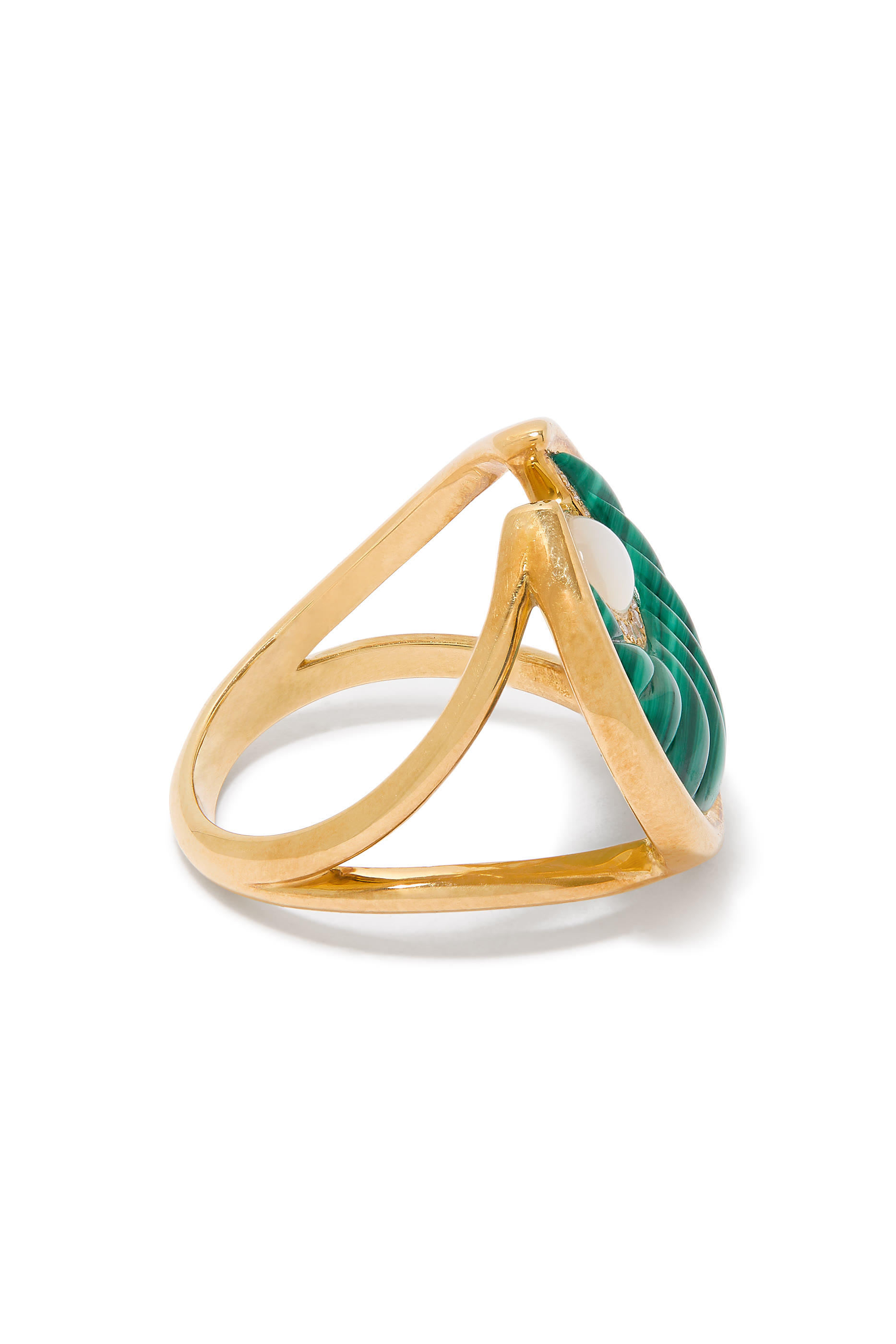 Circus Moon Ring, 18k Yellow Gold with Diamonds, Malachite & Mother of Pearl