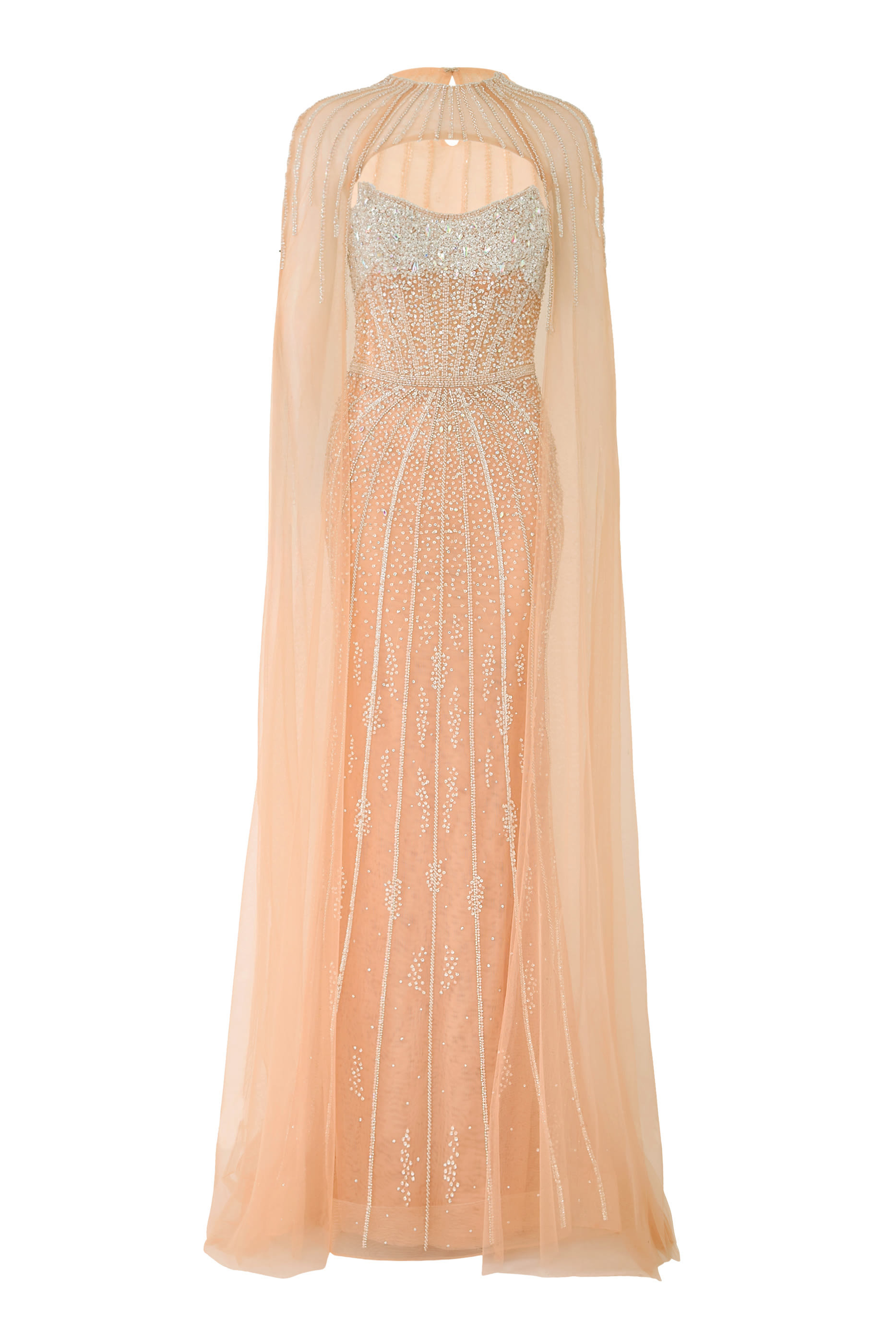 Elegant Cape Gown with Beaded Bodice and High Neckline