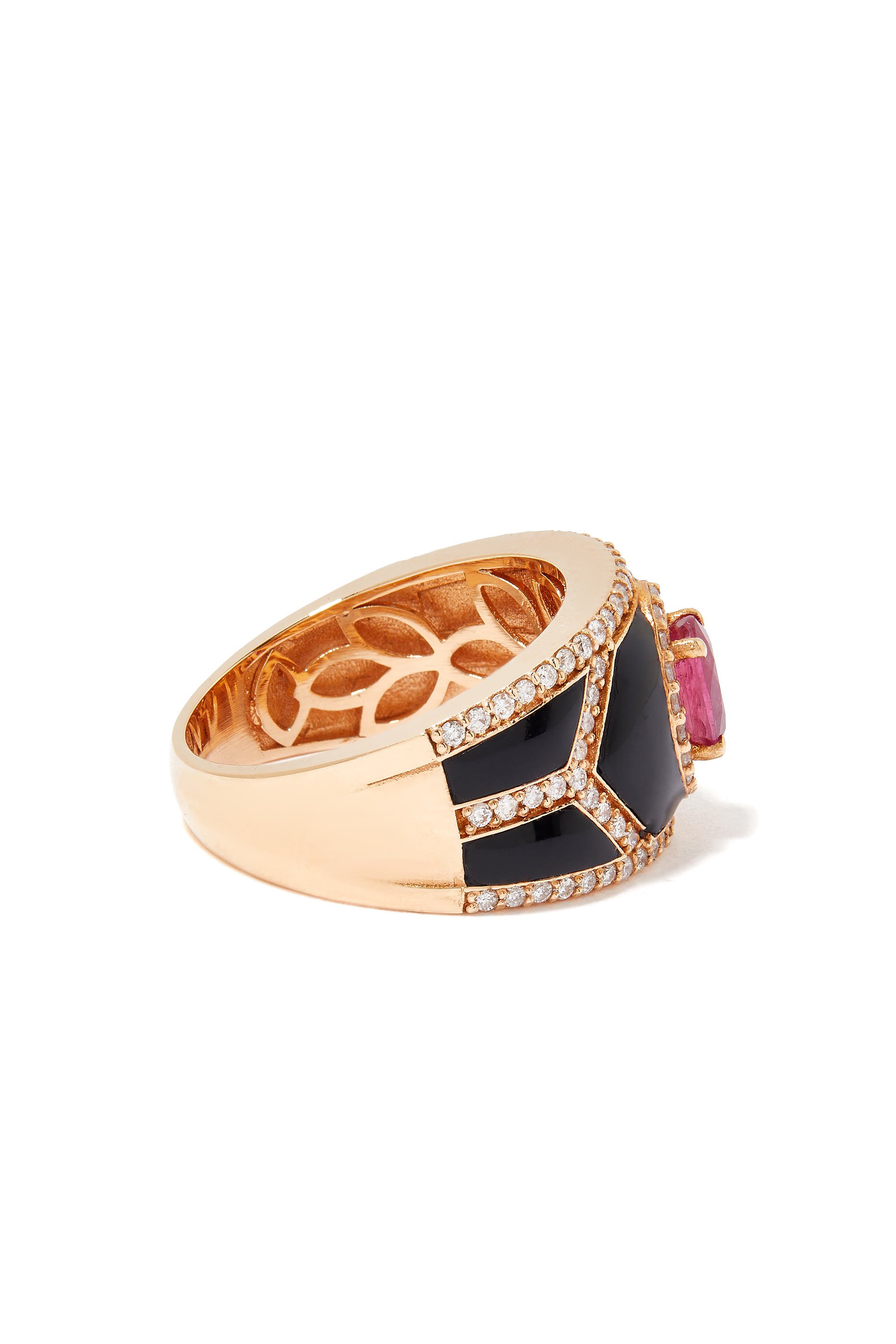 Shield Ring, 18k Rose Gold with Enamel, Diamonds & Ruby