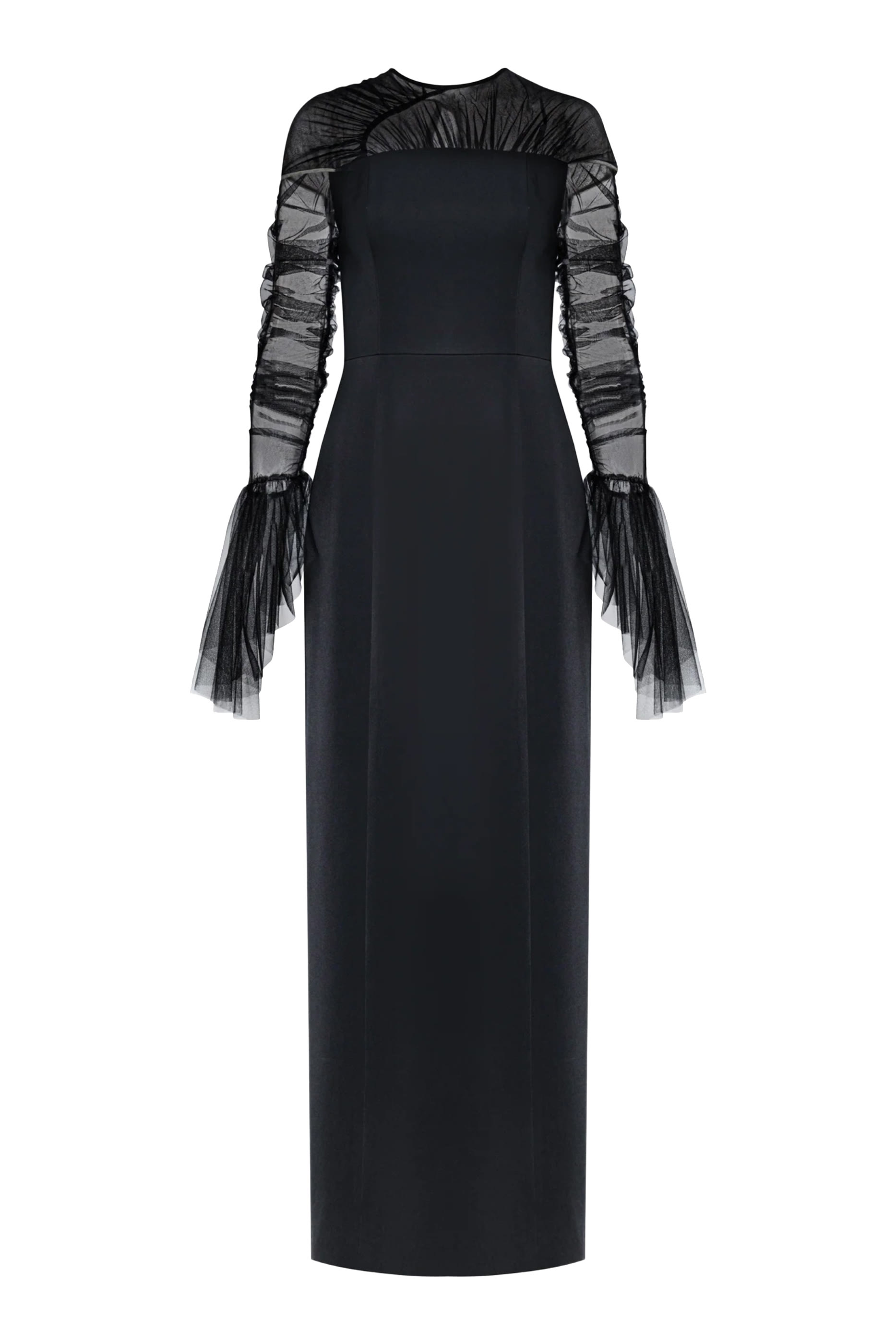 Slim Cut Crepe Gown with Gathered Tulle Illusion Neckline and Sleeve 