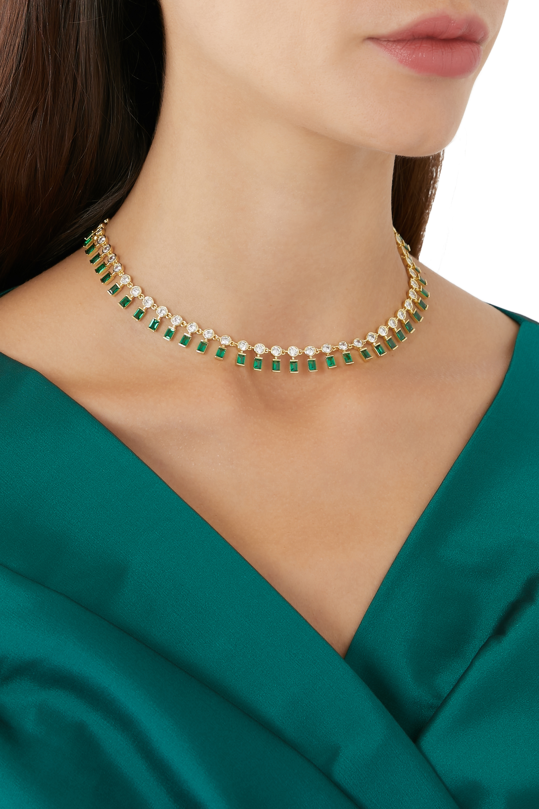 Round Chain Dangle Collar Necklace, Gold-Plated Brass, Emerald & Cubic Zirconia