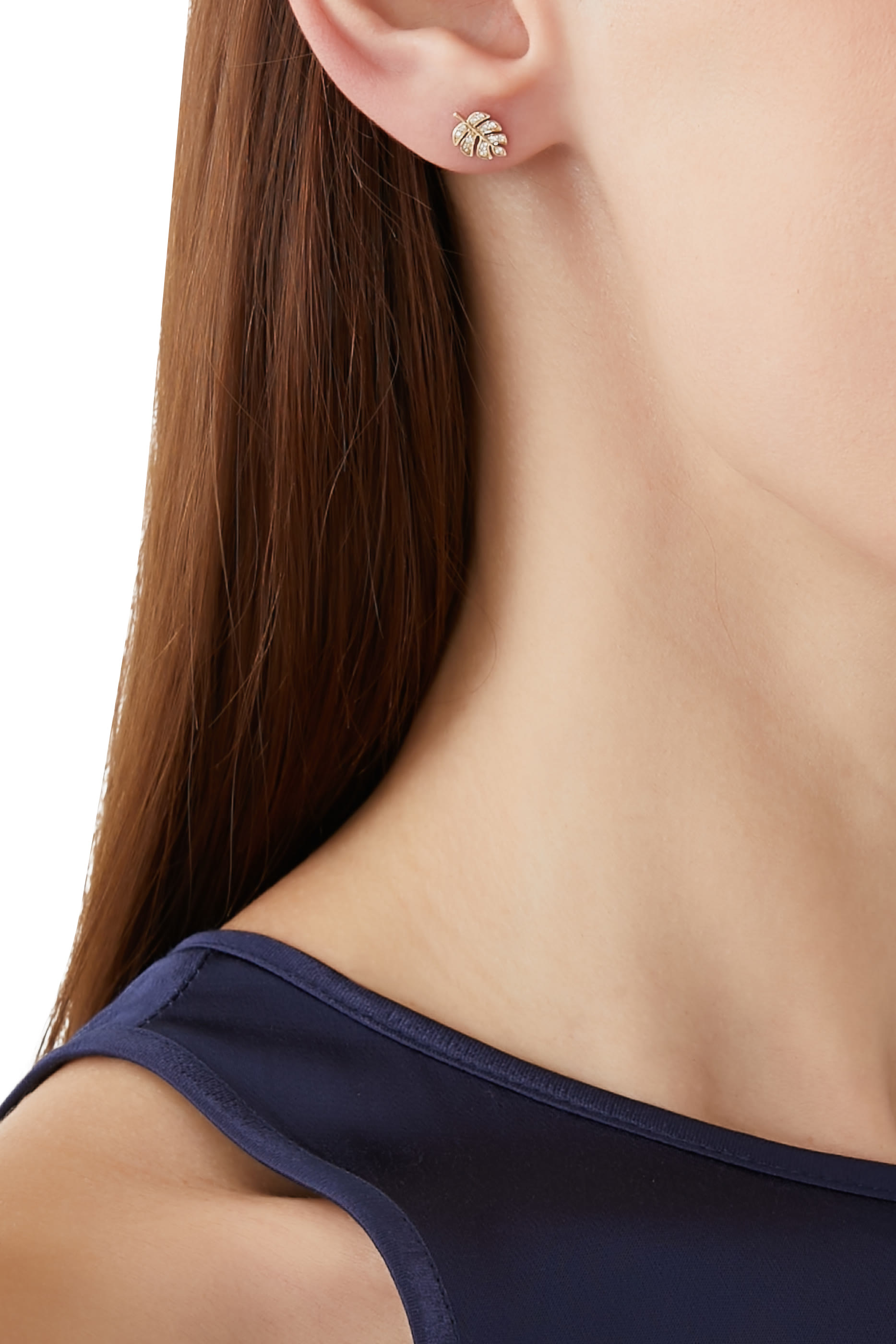 Tiny Monstera Leaf Single Stud Earrings , 14k Yellow Gold & Diamonds