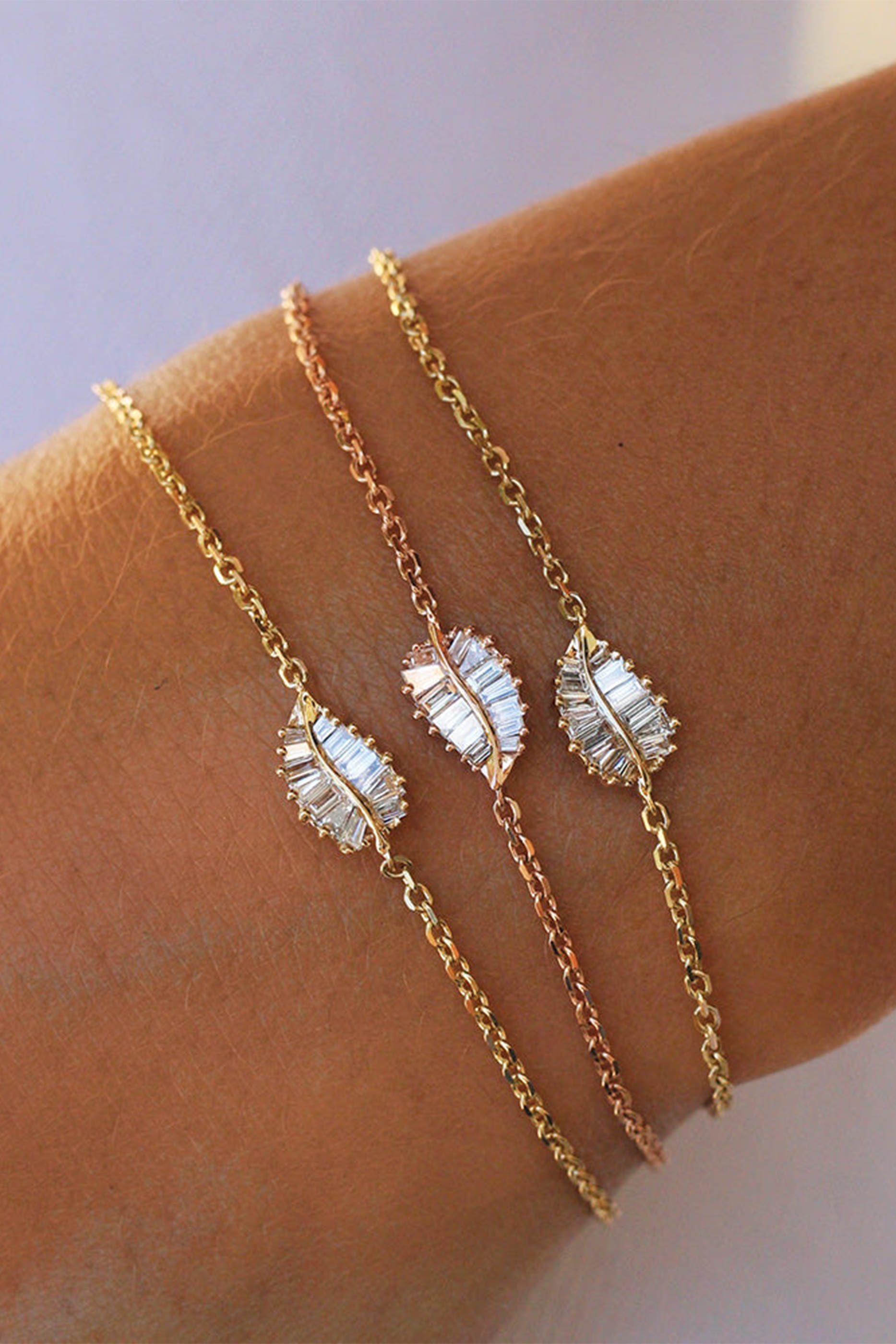 Palm Leaf Baguette Diamond Bracelet, 18k Rose Gold & Diamonds