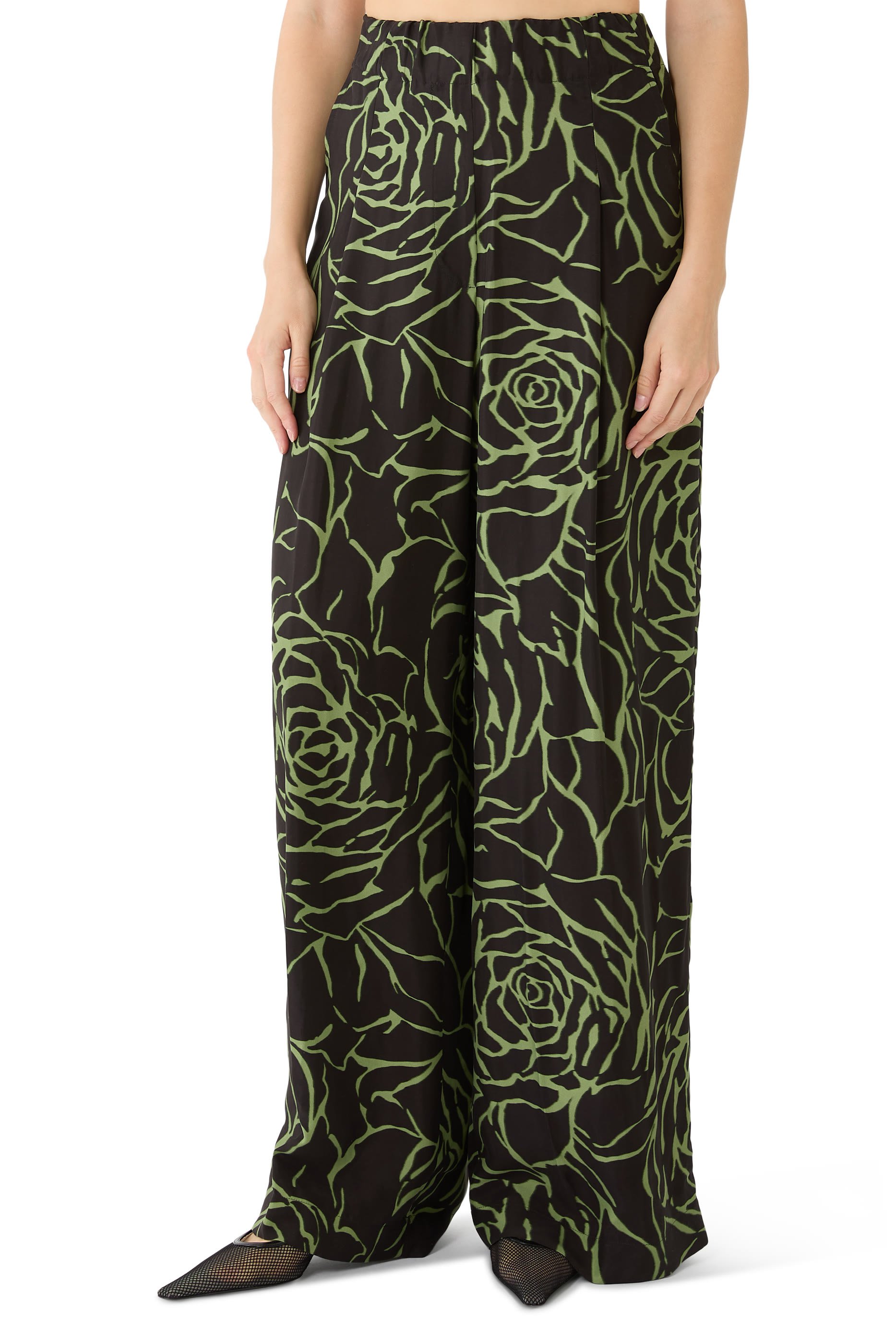 Pila Giant Couture Rose Print Pleated Wide-Leg Pants