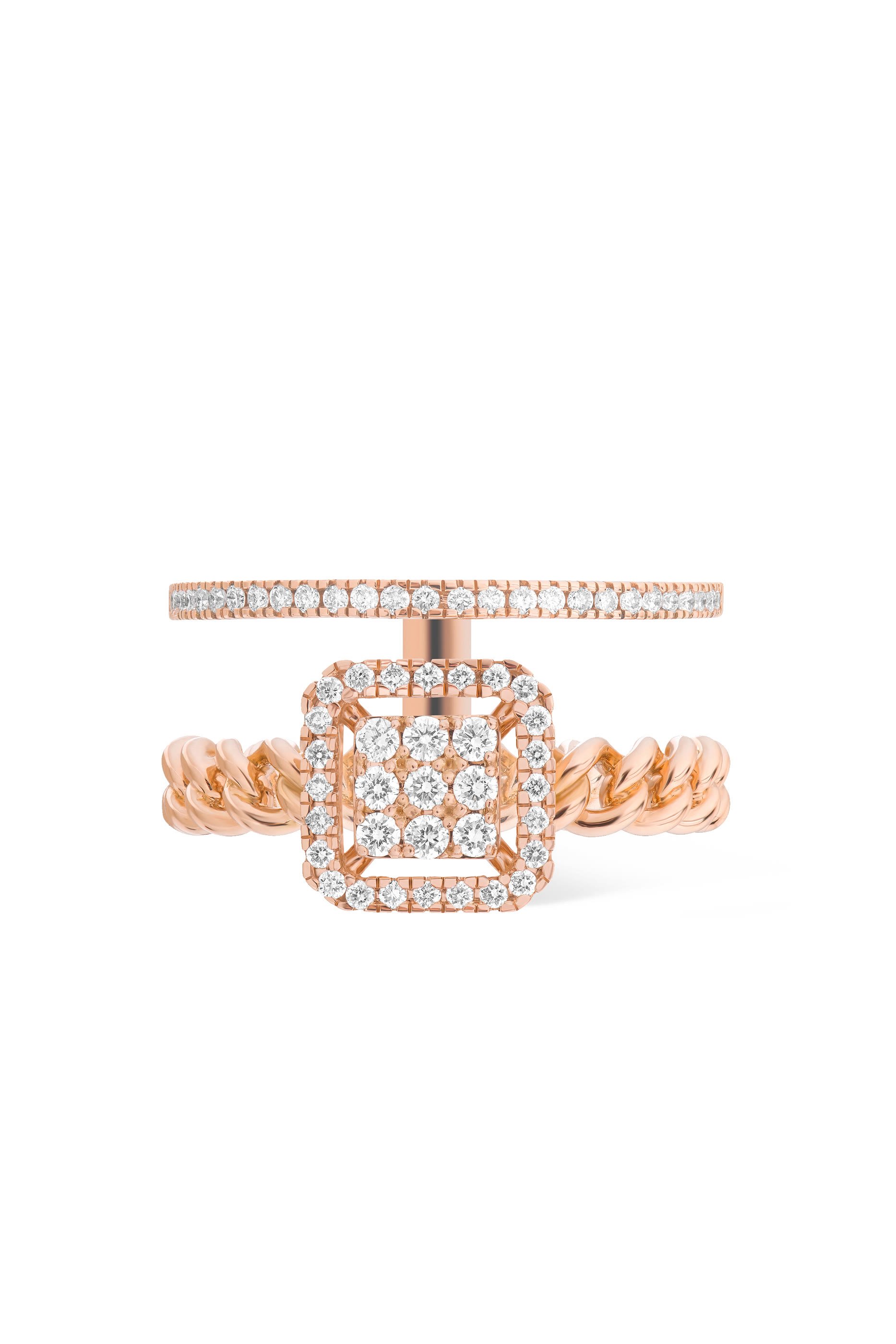 Quwa Square Double Ring, 18k Pink Gold & Diamonds