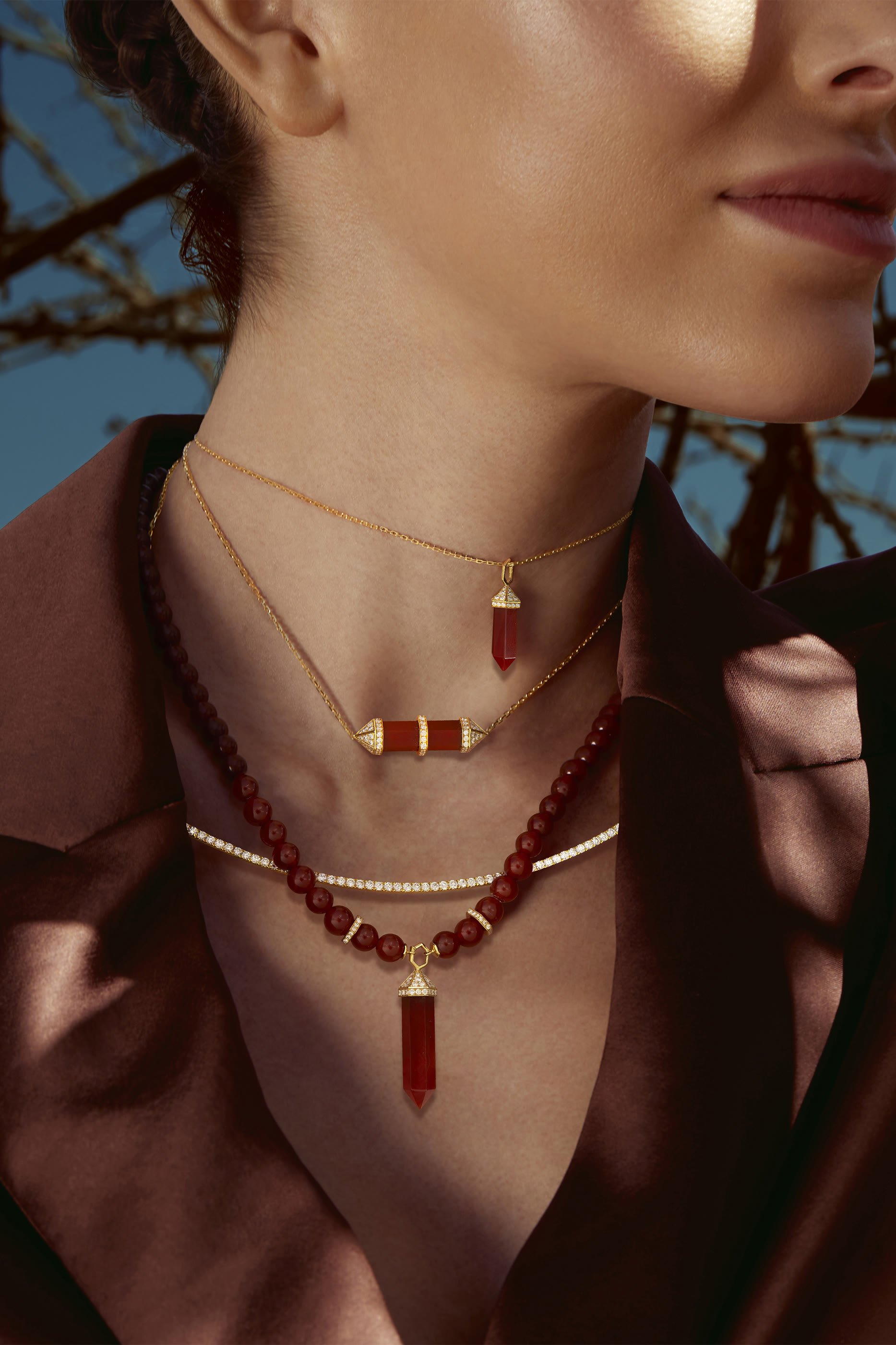 Chakra Necklace, 18k Yellow Gold, Diamonds & Red Carnelian